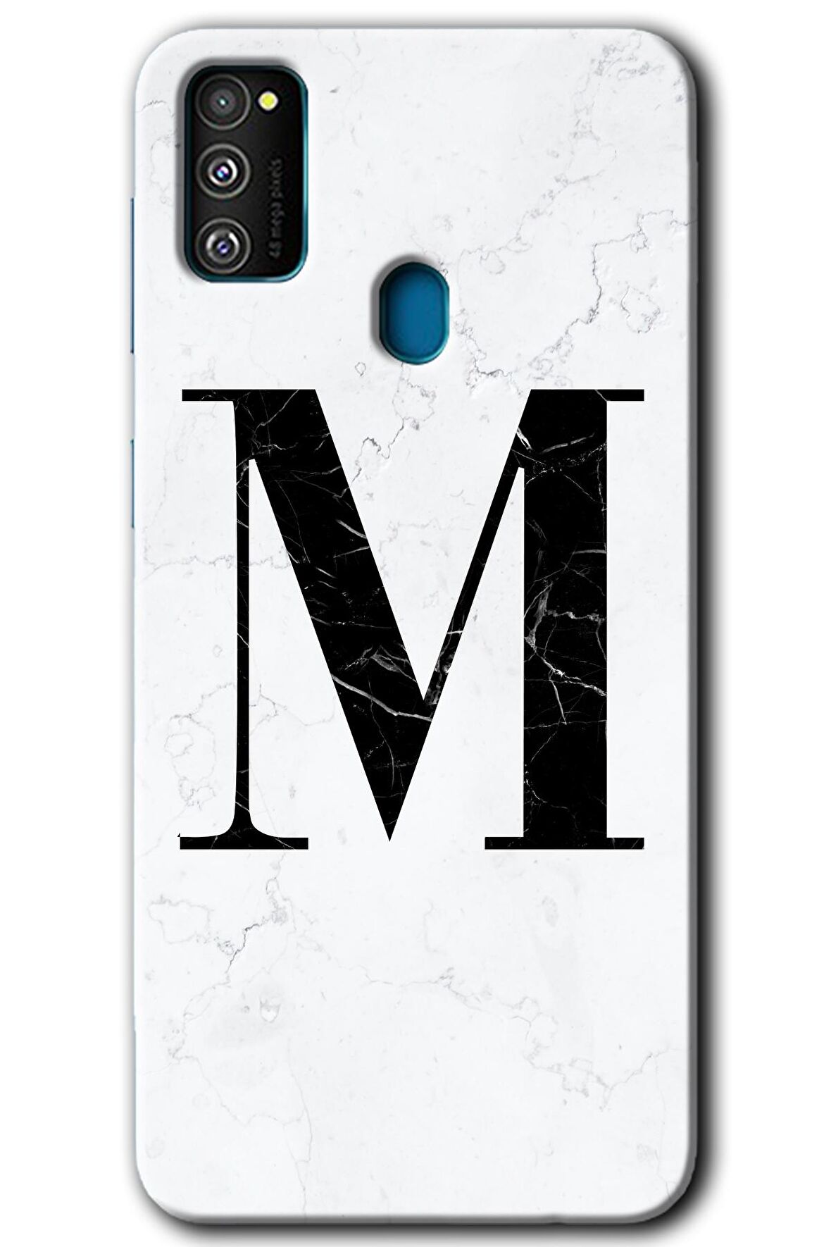 Galaxy M21 Kılıf HD Desen Baskılı Arka Kapak - Beyaz Mermer Desenli M Harfi 