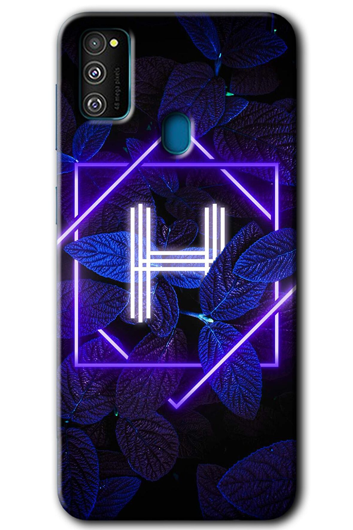 Galaxy M21 Kılıf HD Desen Baskılı Arka Kapak - Dark Neon Yaprak H Harfi 