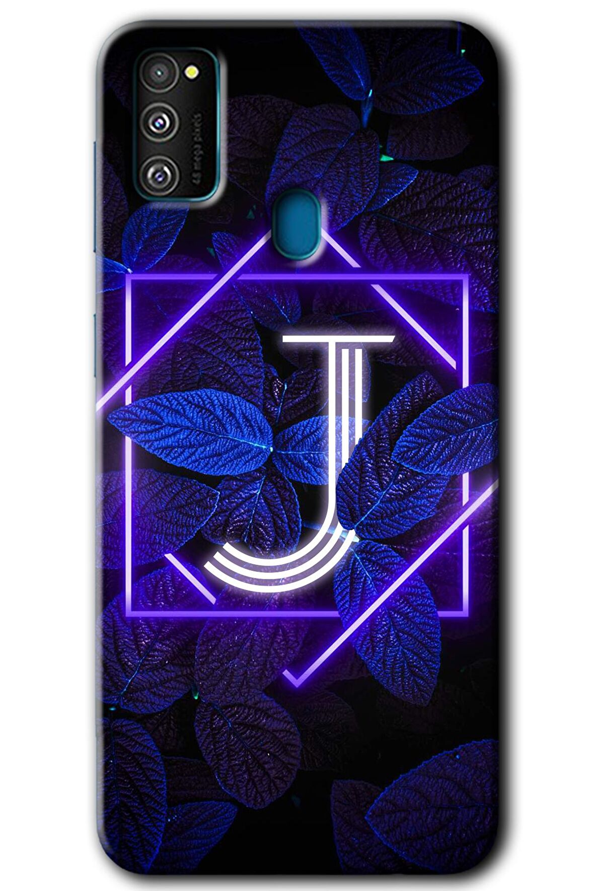 Galaxy M21 Kılıf HD Desen Baskılı Arka Kapak - Dark Neon Yaprak J Harfi 
