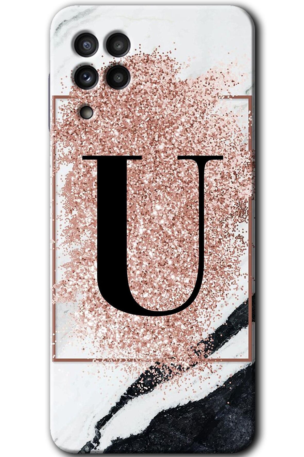 Galaxy M22 Kılıf HD Desen Baskılı Arka Kapak - Pembe Mermer Desenli U Harfi 