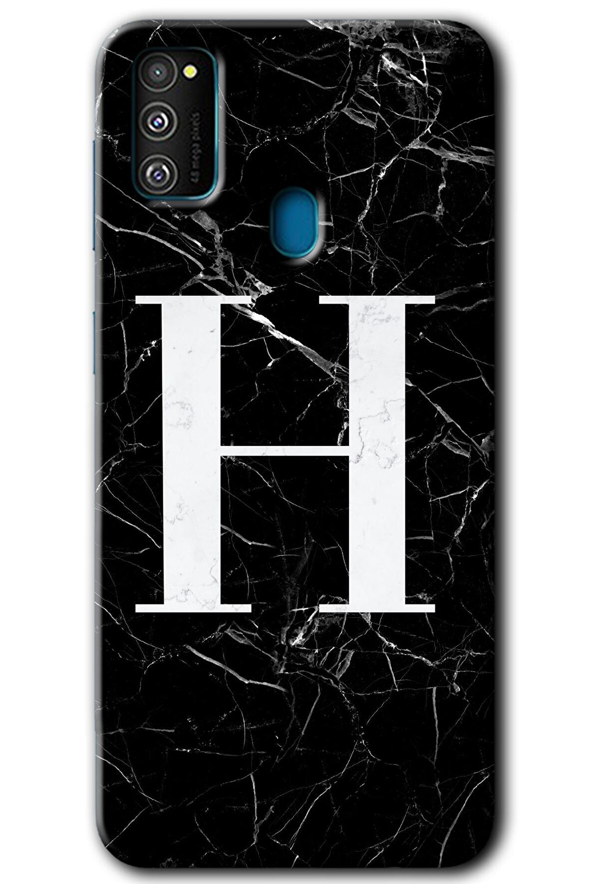 Galaxy M30s Kılıf HD Desen Baskılı Arka Kapak - Siyah Mermer Desenli H Harfi 