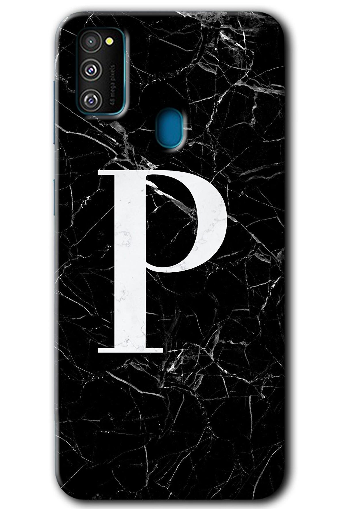 Galaxy M30s Kılıf HD Desen Baskılı Arka Kapak - Siyah Mermer Desenli P Harfi 