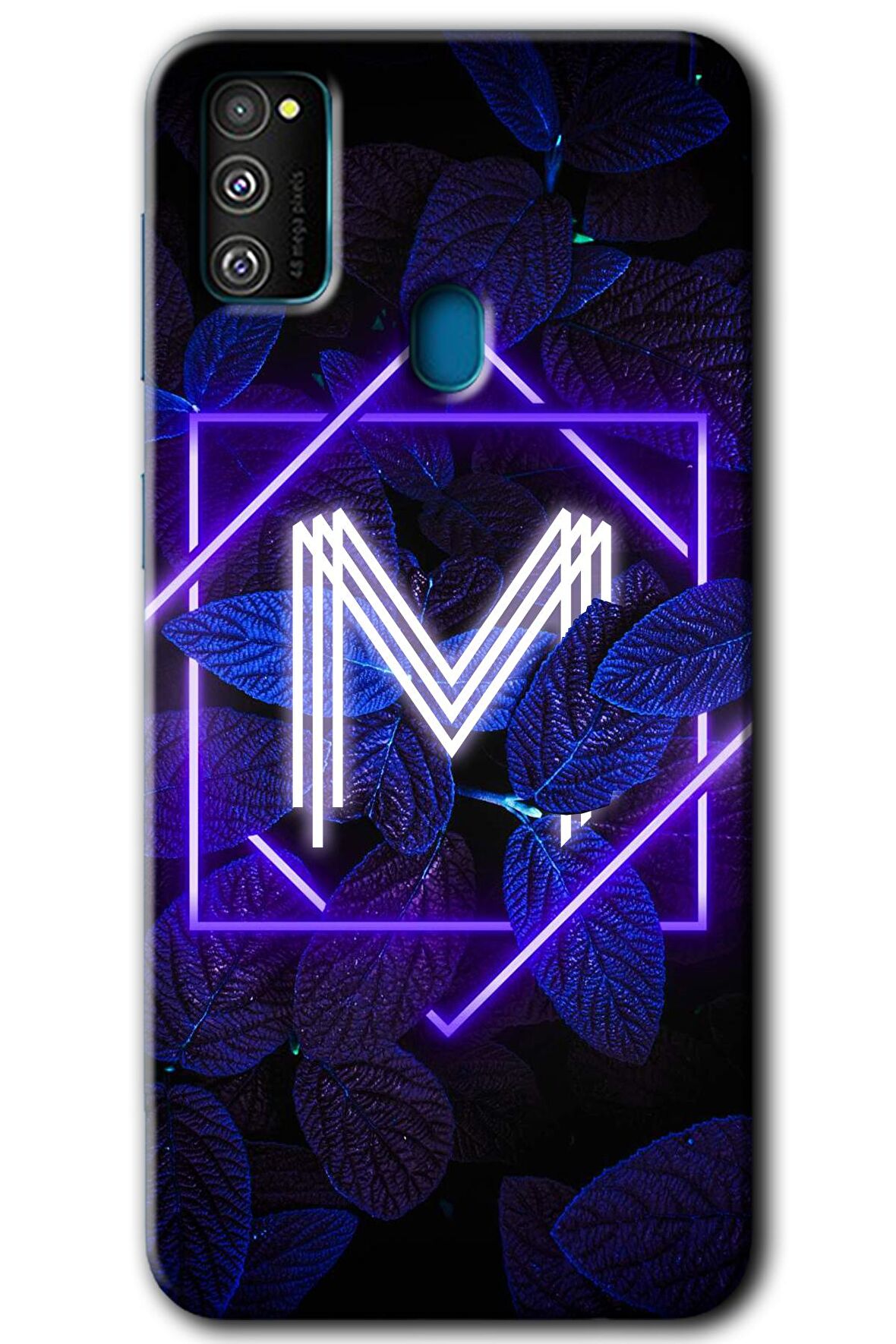 Galaxy M30s Kılıf HD Desen Baskılı Arka Kapak - Dark Neon Yaprak M Harfi 