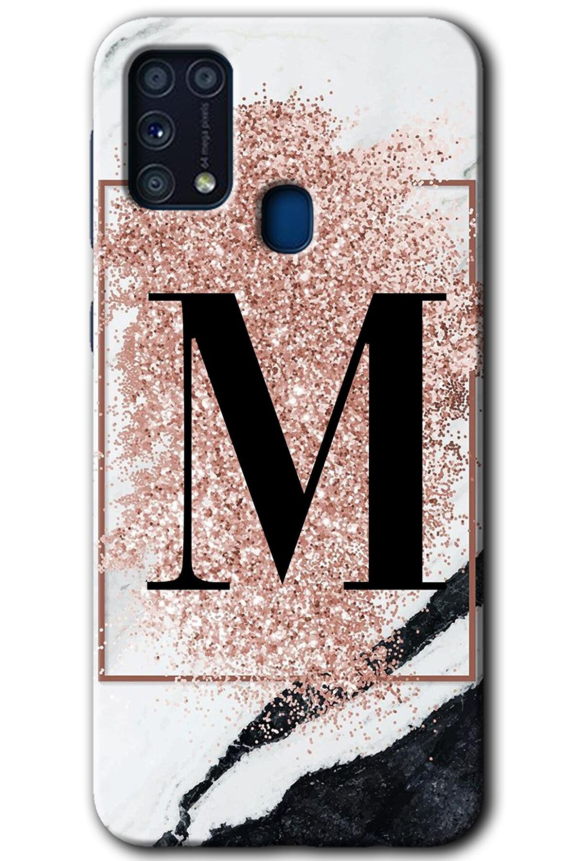 Galaxy M31 Kılıf HD Desen Baskılı Arka Kapak - Pembe Mermer Desenli M Harfi 