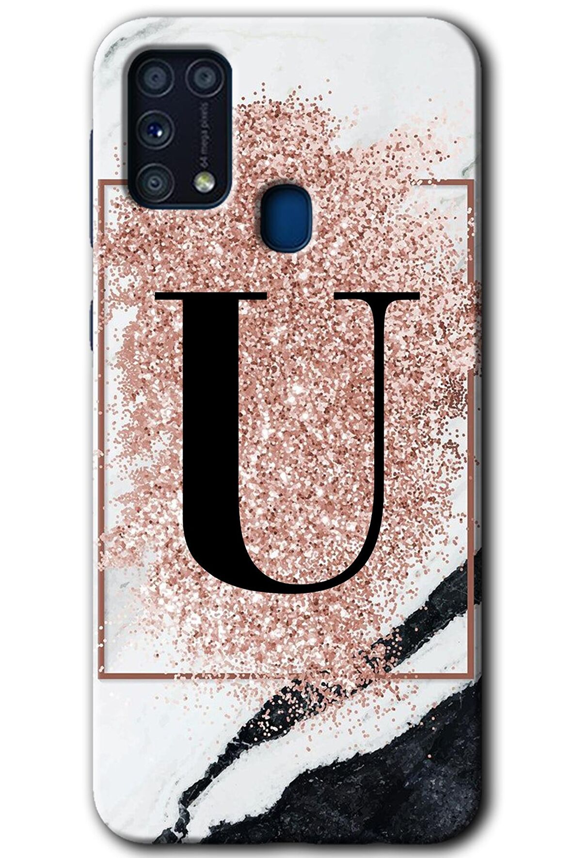 Galaxy M31 Kılıf HD Desen Baskılı Arka Kapak - Pembe Mermer Desenli U Harfi 