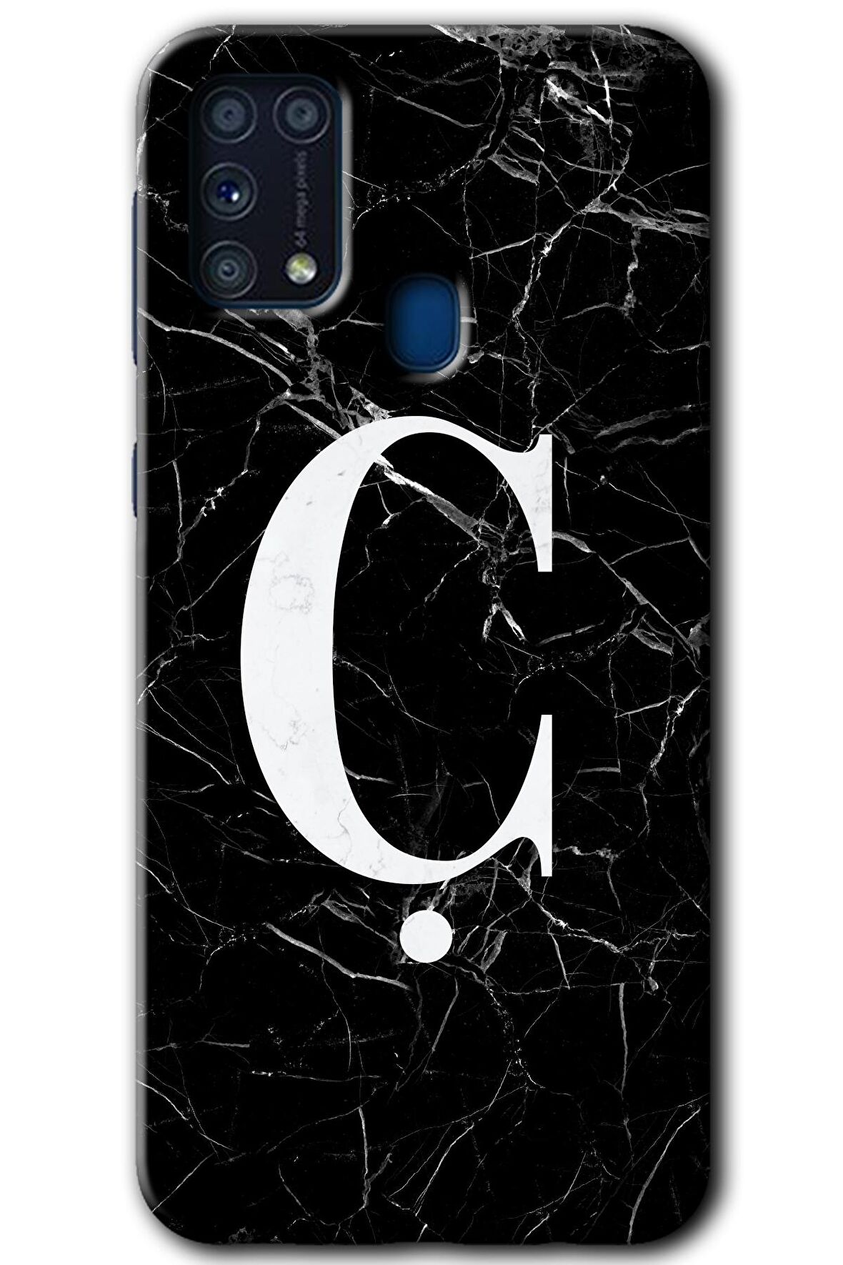 Galaxy M31 Kılıf HD Desen Baskılı Arka Kapak - Siyah Mermer Desenli Ç Harfi 