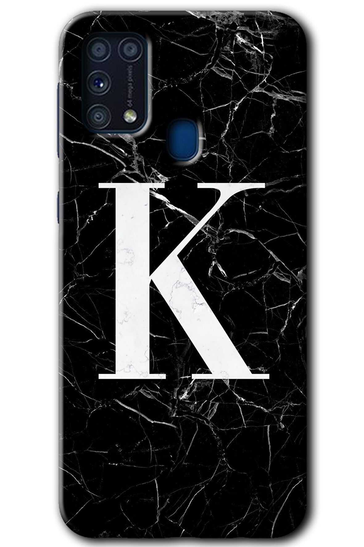 Galaxy M31 Kılıf HD Desen Baskılı Arka Kapak - Siyah Mermer Desenli K Harfi 