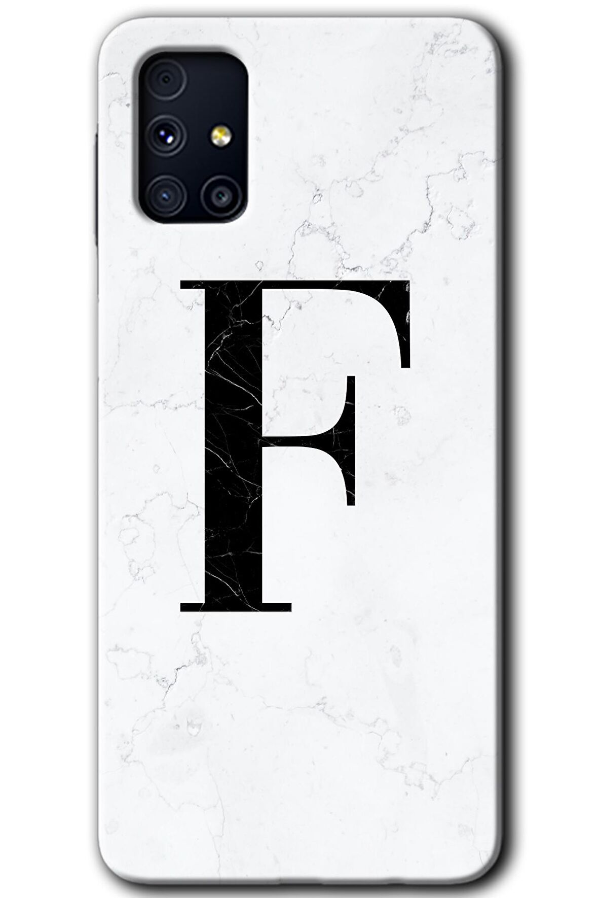 Galaxy M31s Kılıf HD Desen Baskılı Arka Kapak - Beyaz Mermer Desenli F Harfi 
