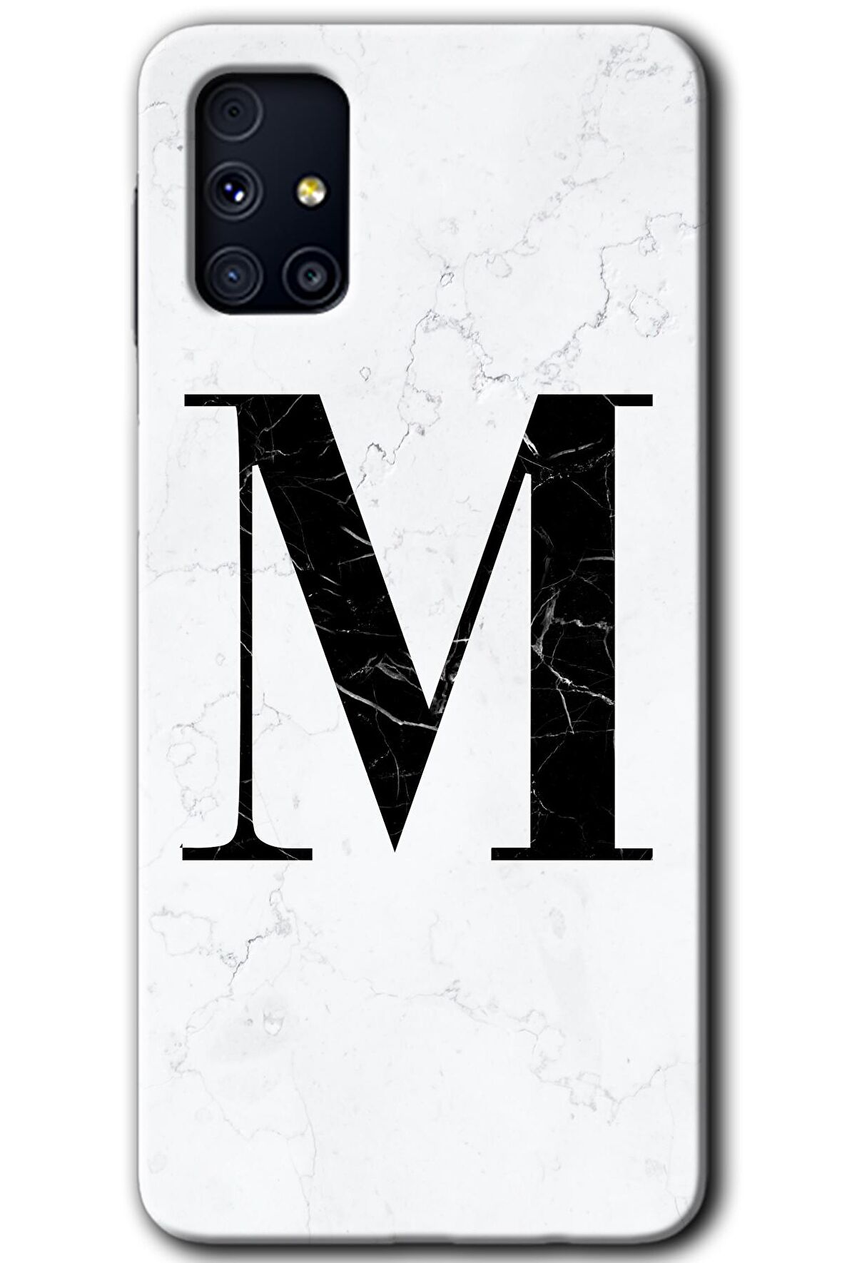 Galaxy M31s Kılıf HD Desen Baskılı Arka Kapak - Beyaz Mermer Desenli M Harfi 