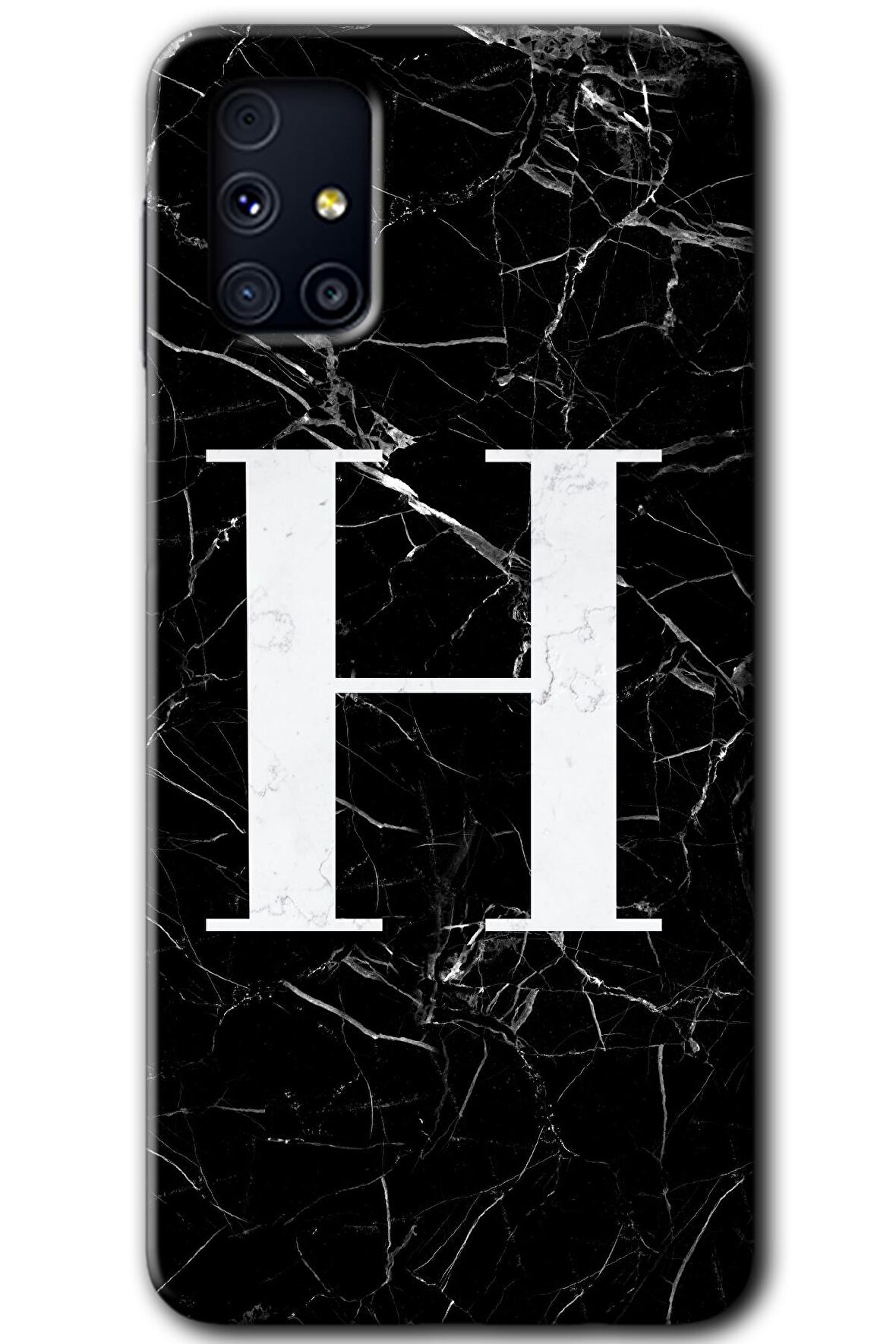 Galaxy M31s Kılıf HD Desen Baskılı Arka Kapak - Siyah Mermer Desenli H Harfi 