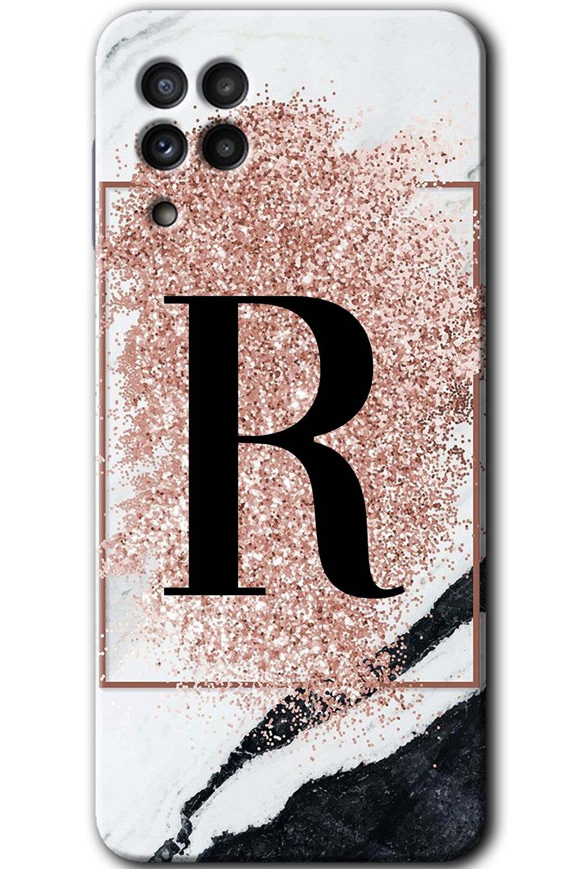Galaxy M32 Kılıf HD Desen Baskılı Arka Kapak - Pembe Mermer Desenli R Harfi 