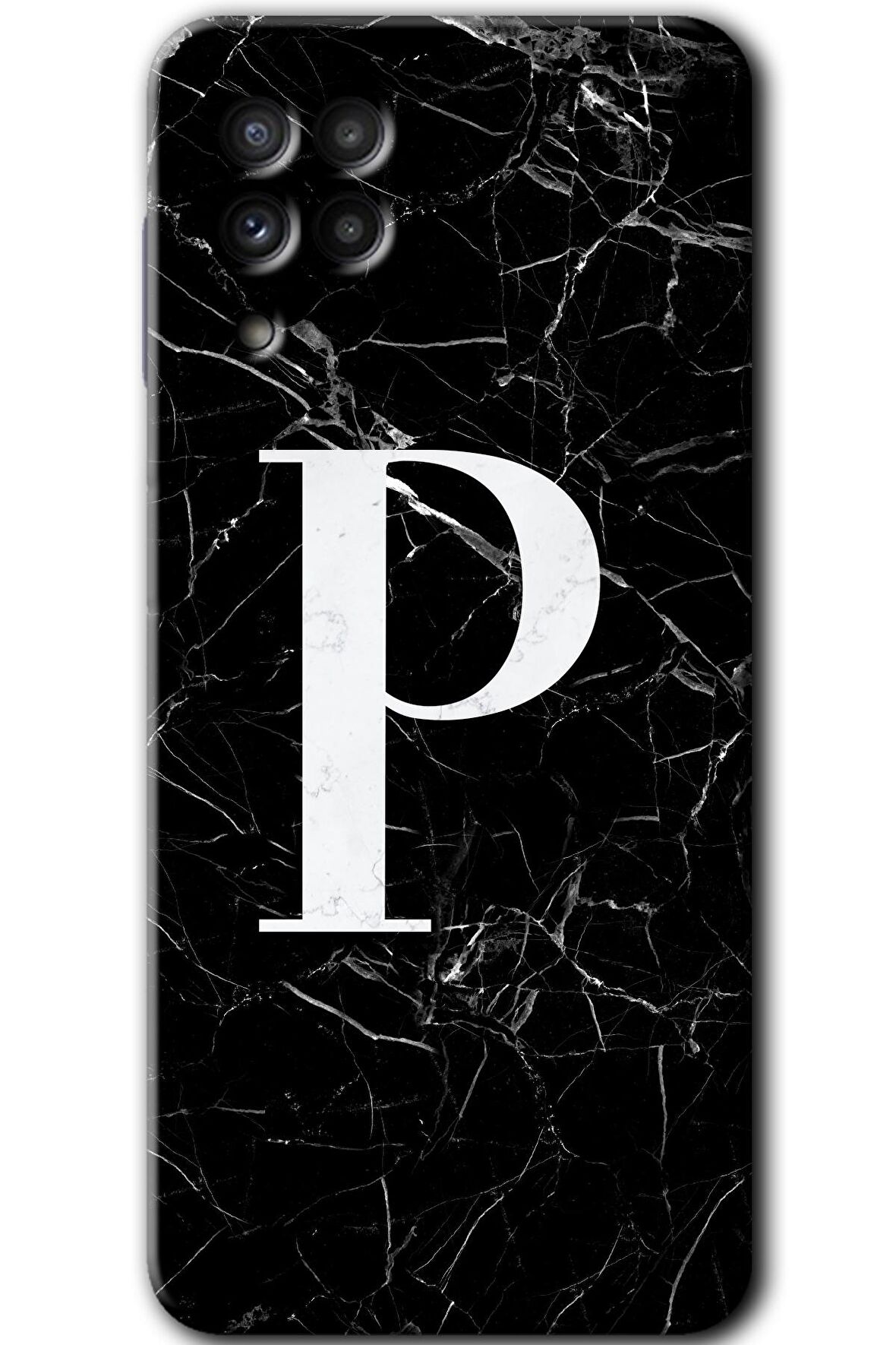 Galaxy M32 Kılıf HD Desen Baskılı Arka Kapak - Siyah Mermer Desenli P Harfi 