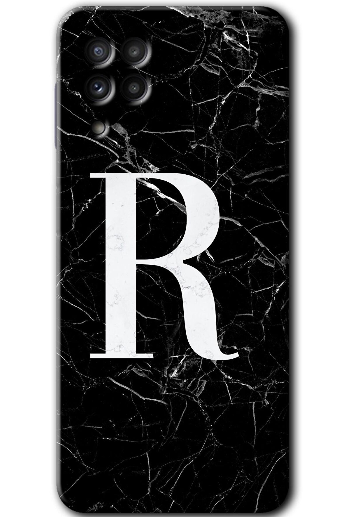 Galaxy M32 Kılıf HD Desen Baskılı Arka Kapak - Siyah Mermer Desenli R Harfi 