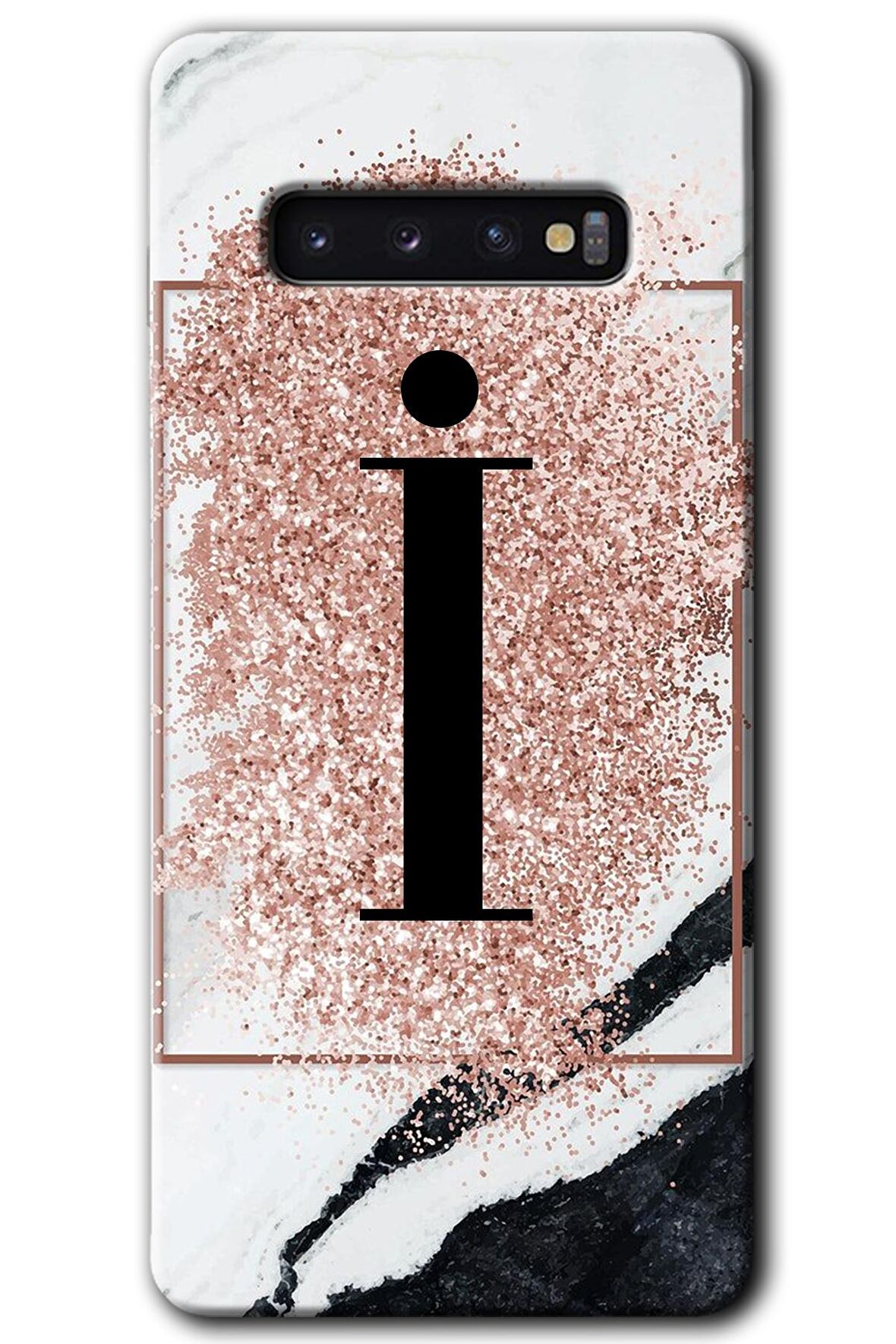 Galaxy S10 Kılıf HD Desen Baskılı Arka Kapak - Pembe Mermer Desenli İ Harfi 