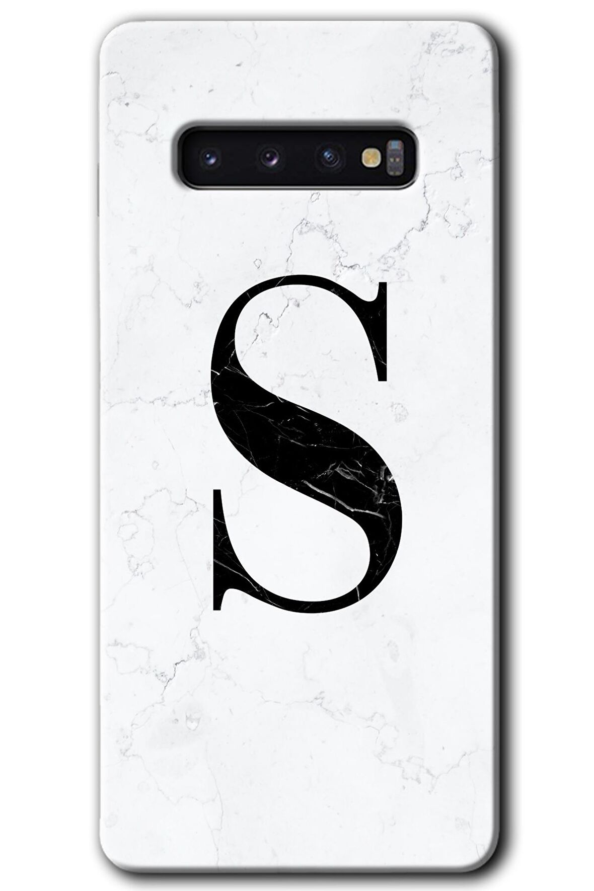 Galaxy S10 Kılıf HD Desen Baskılı Arka Kapak - Beyaz Mermer Desenli S Harfi 