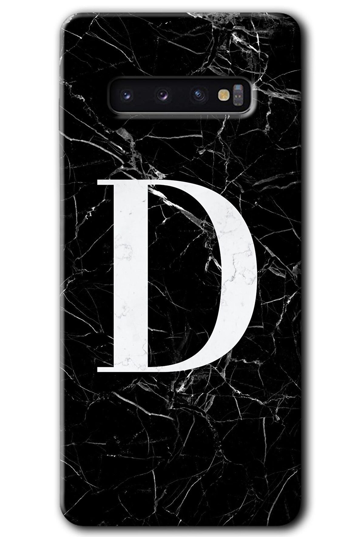 Galaxy S10 Kılıf HD Desen Baskılı Arka Kapak - Siyah Mermer Desenli D Harfi 
