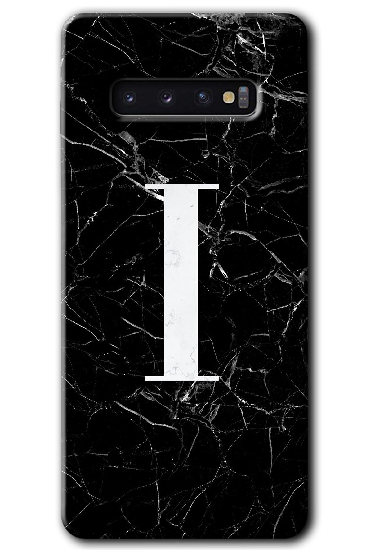 Galaxy S10 Kılıf HD Desen Baskılı Arka Kapak - Siyah Mermer Desenli I Harfi 