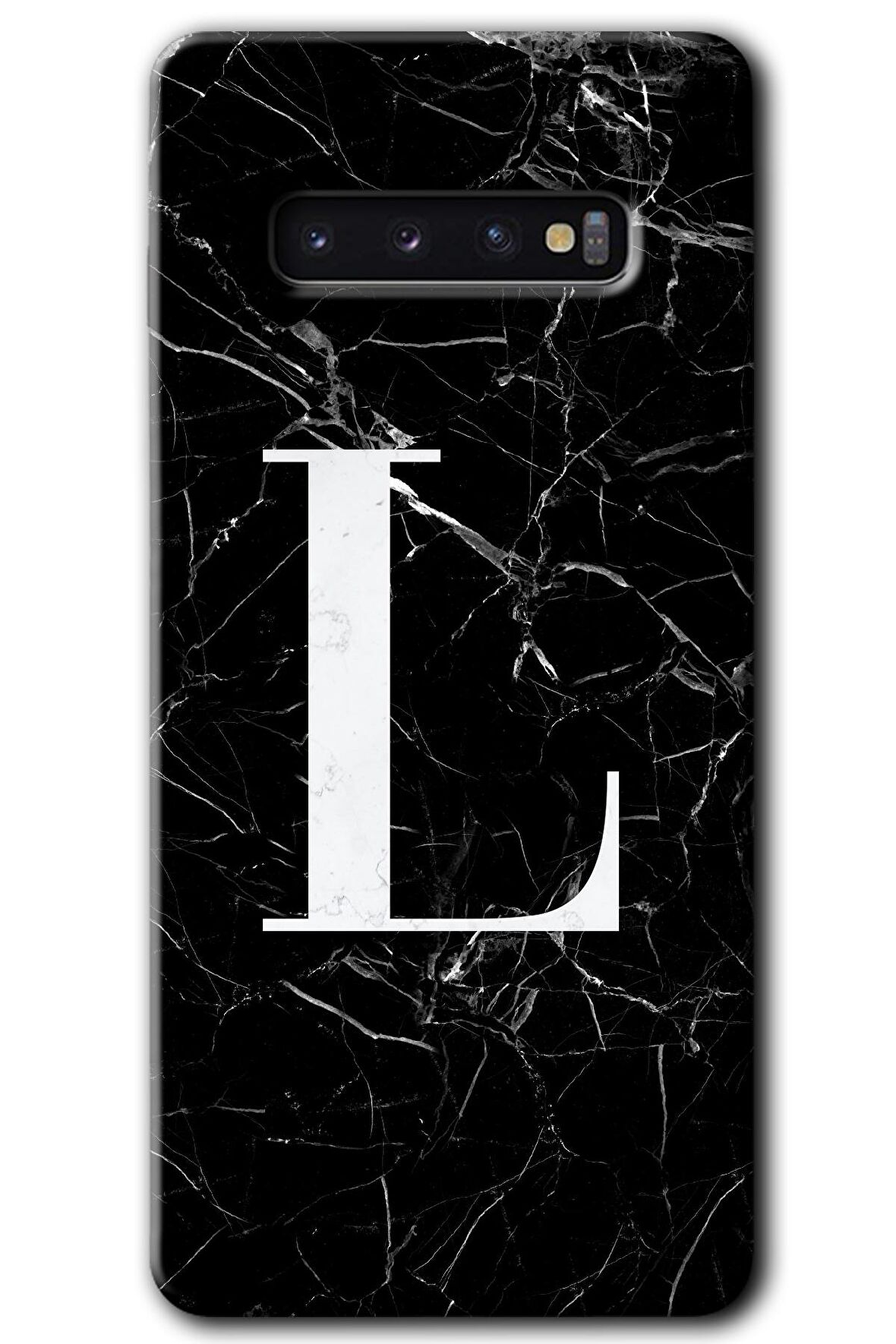 Galaxy S10 Kılıf HD Desen Baskılı Arka Kapak - Siyah Mermer Desenli L Harfi 
