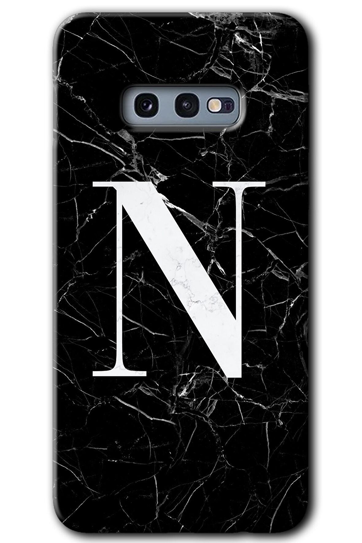 Galaxy S10e Kılıf HD Desen Baskılı Arka Kapak - Siyah Mermer Desenli N Harfi 