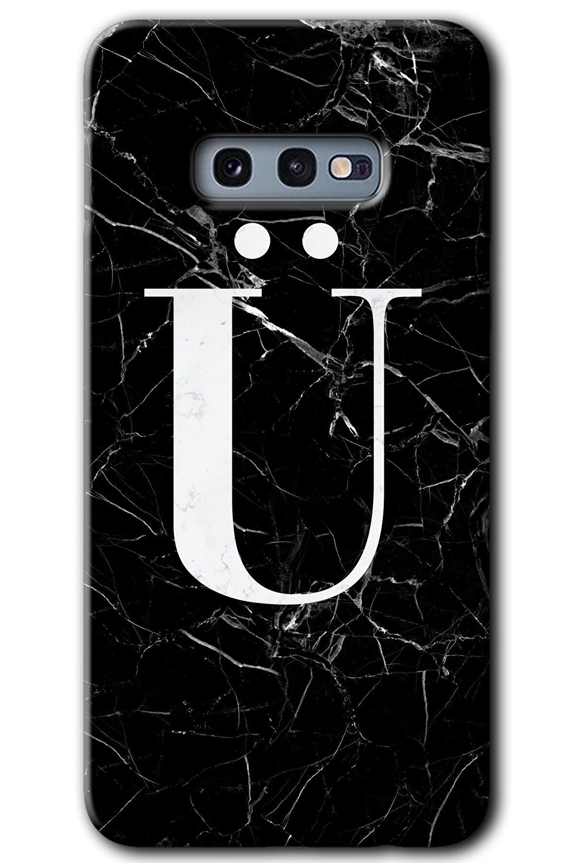 Galaxy S10e Kılıf HD Desen Baskılı Arka Kapak - Siyah Mermer Desenli Ü Harfi 