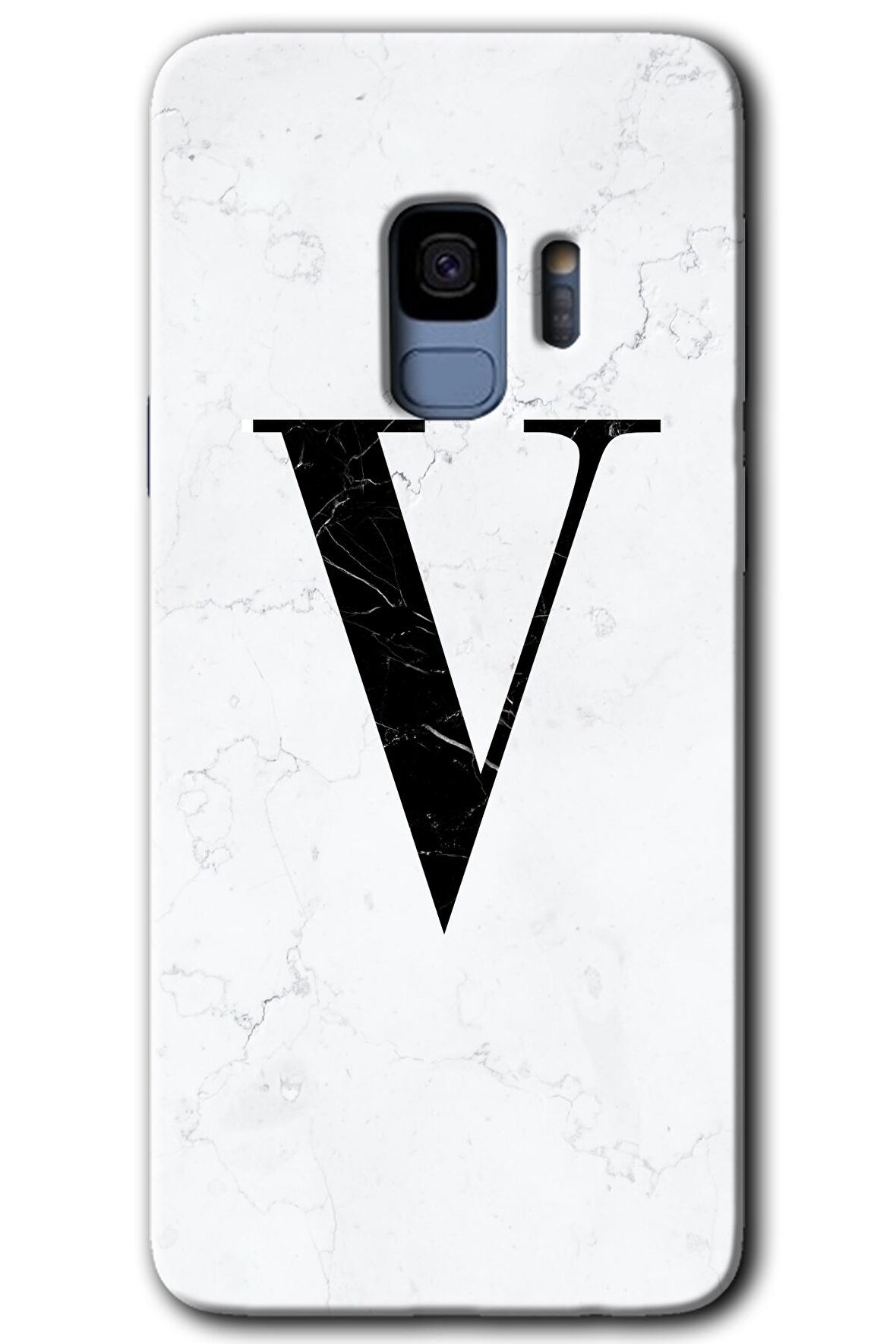 Galaxy S9 Kılıf HD Desen Baskılı Arka Kapak - Beyaz Mermer Desenli V Harfi 