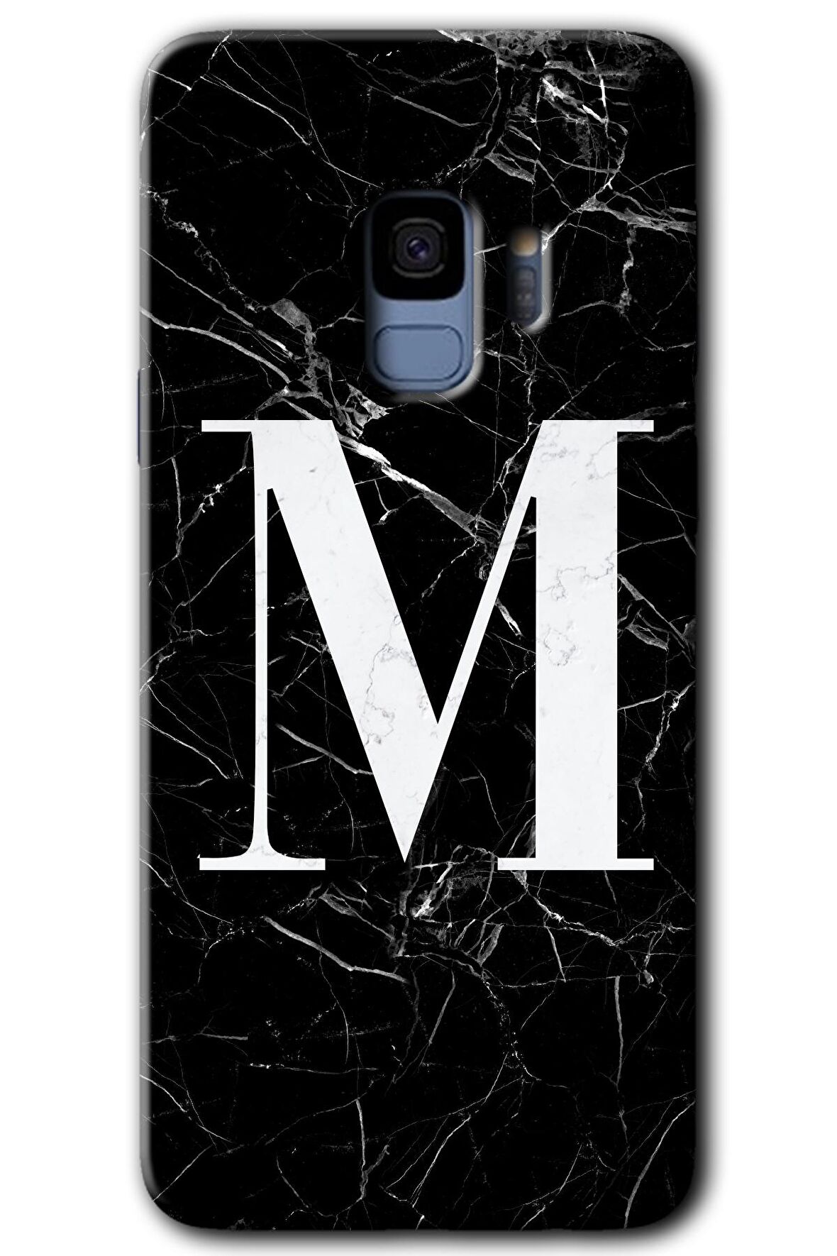 Galaxy S9 Kılıf HD Desen Baskılı Arka Kapak - Siyah Mermer Desenli M Harfi 