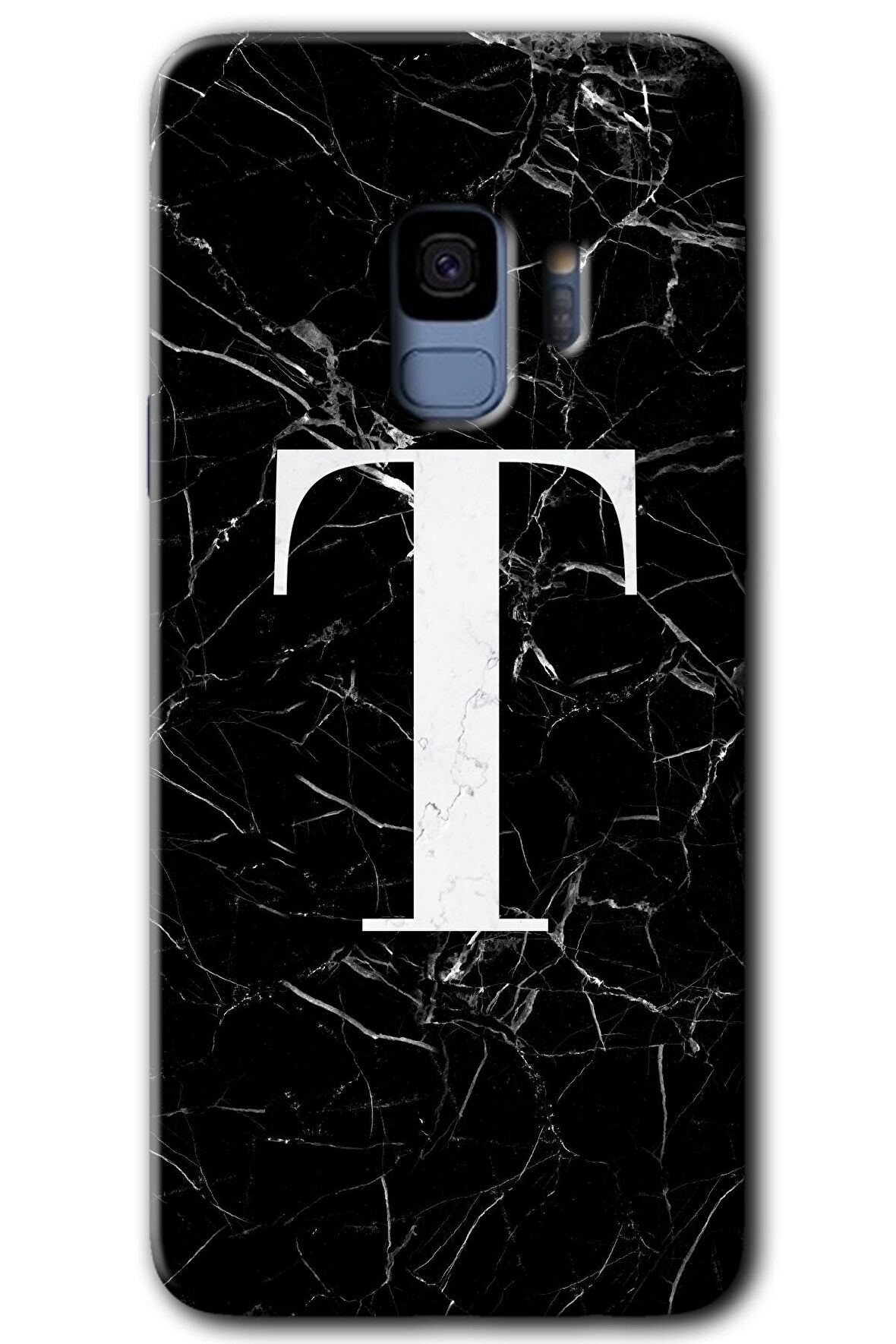 Galaxy S9 Kılıf HD Desen Baskılı Arka Kapak - Siyah Mermer Desenli T Harfi 