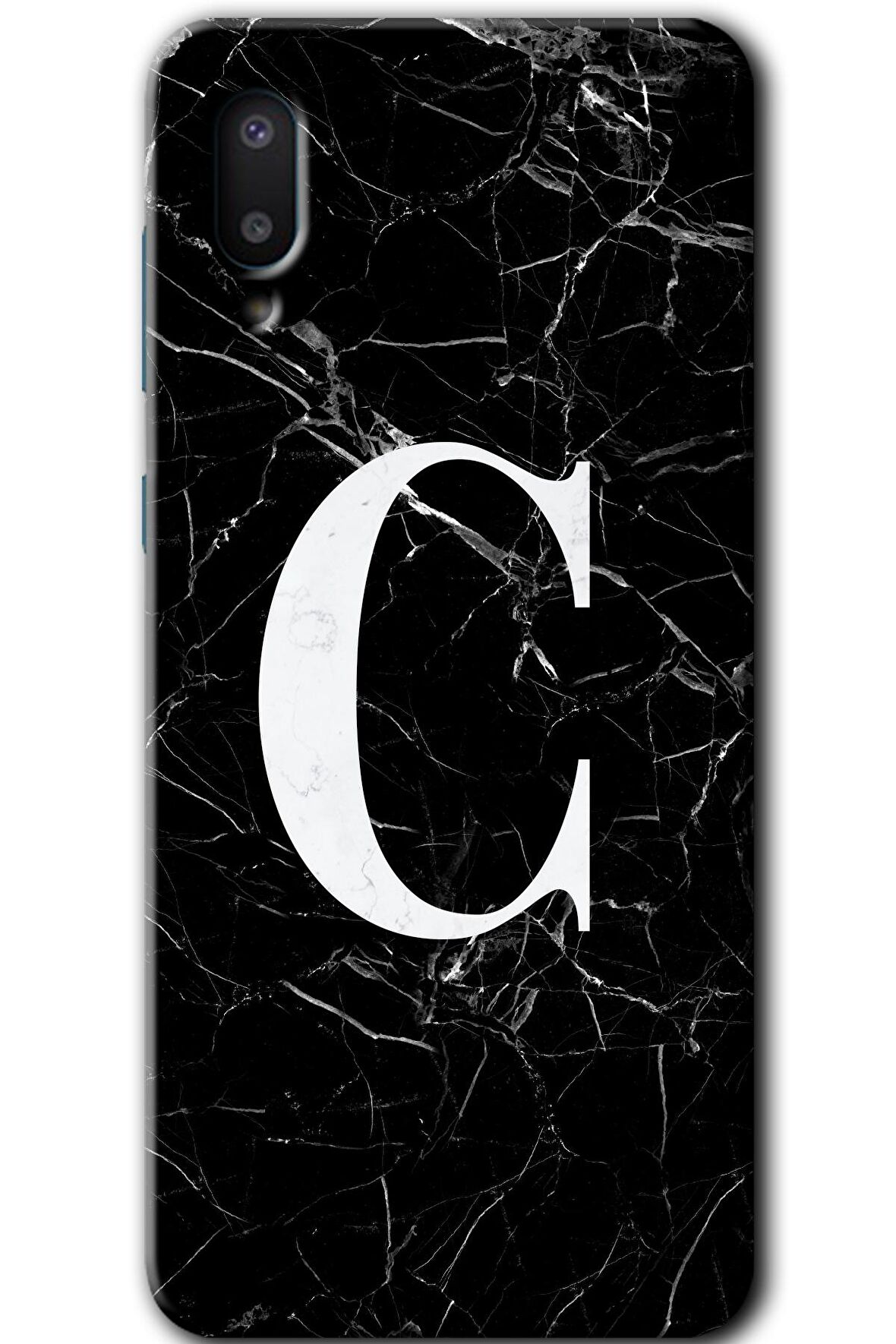 Galaxy A02 Kılıf HD Desen Baskılı Arka Kapak - Siyah Mermer Desenli C Harfi 
