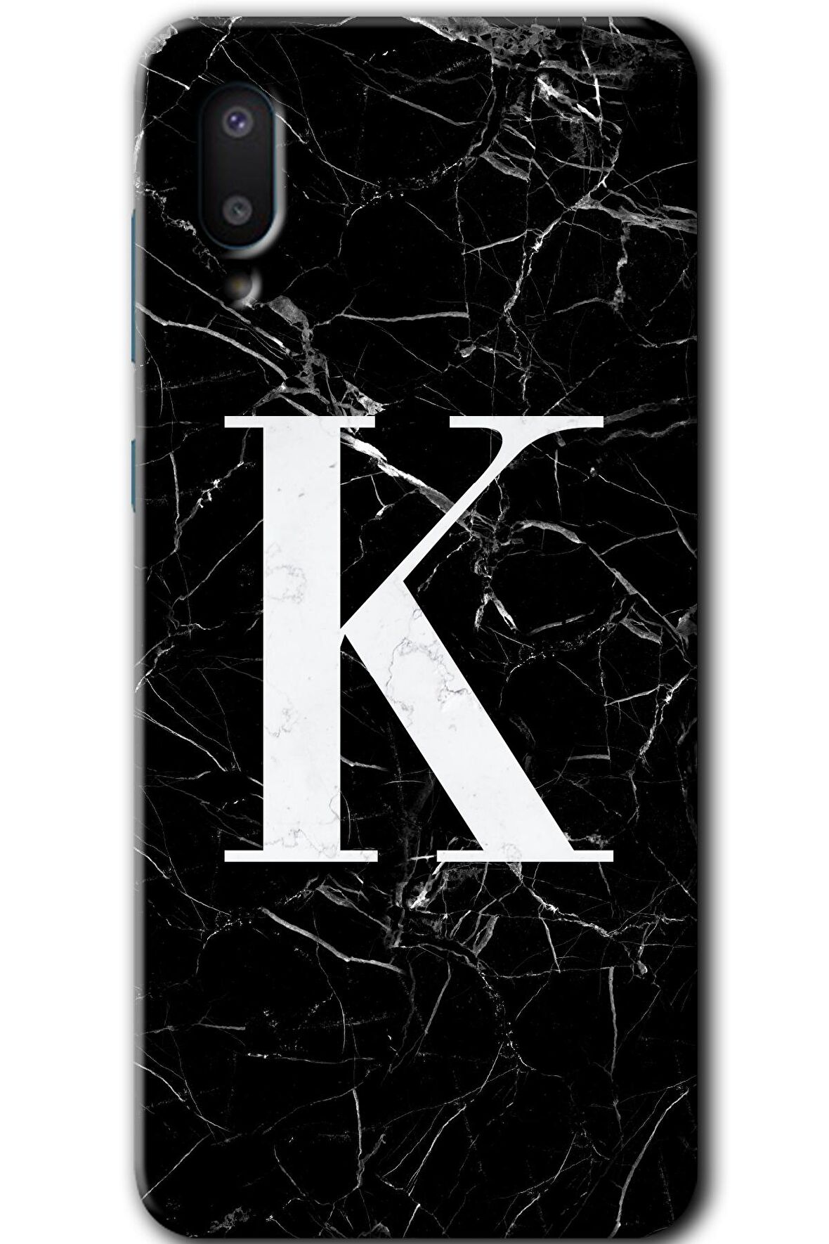 Galaxy A02 Kılıf HD Desen Baskılı Arka Kapak - Siyah Mermer Desenli K Harfi 