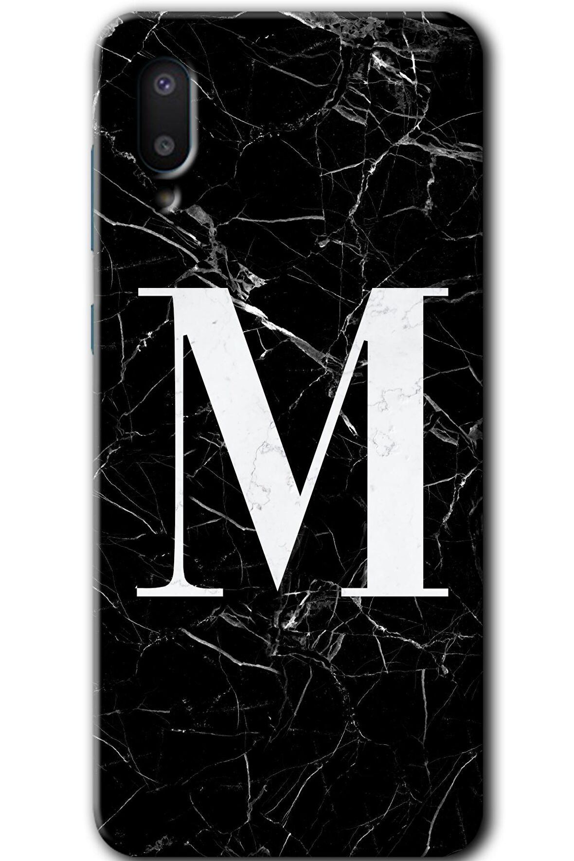 Galaxy A02 Kılıf HD Desen Baskılı Arka Kapak - Siyah Mermer Desenli M Harfi 