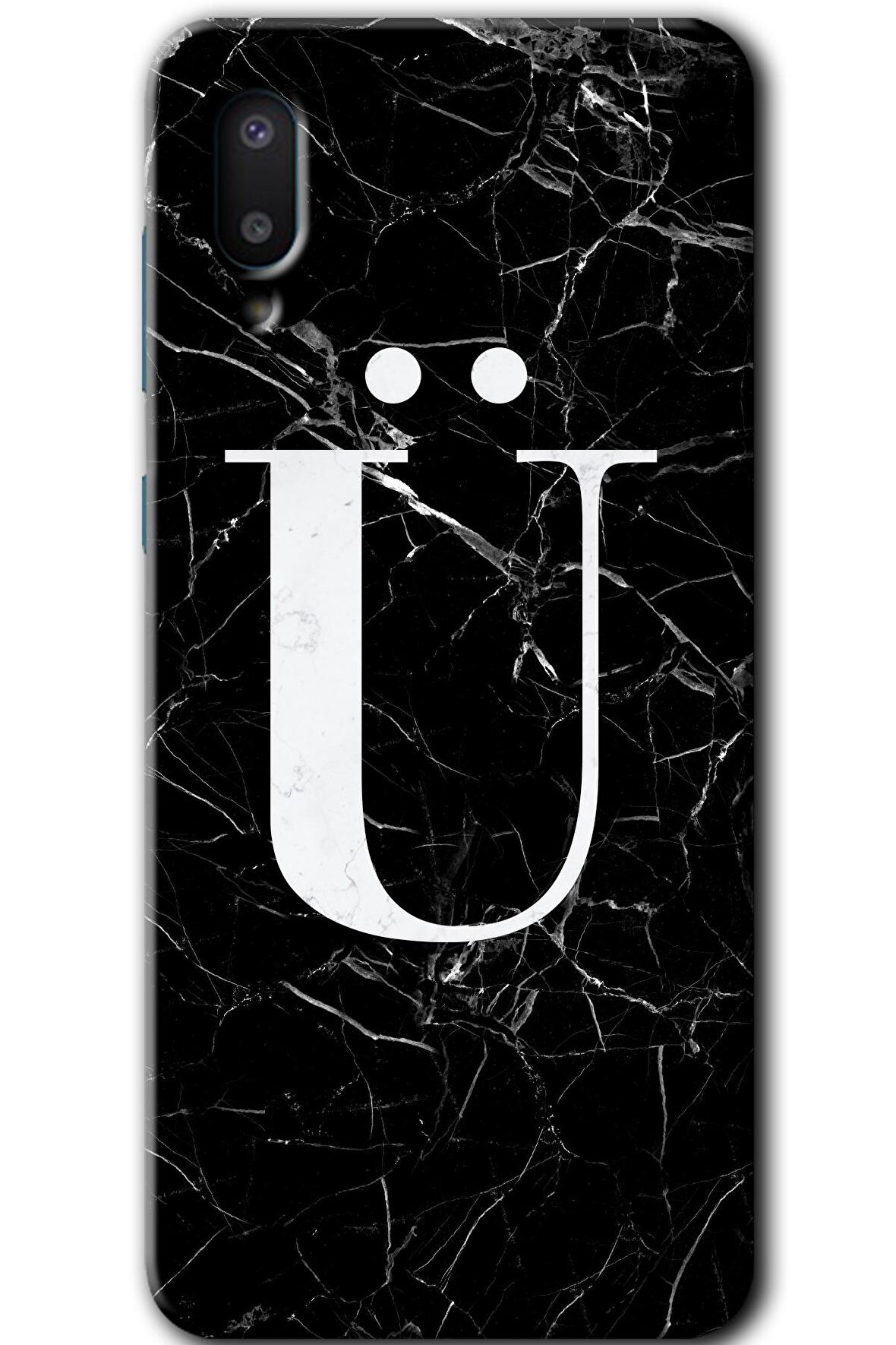 Galaxy A02 Kılıf HD Desen Baskılı Arka Kapak - Siyah Mermer Desenli Ü Harfi 