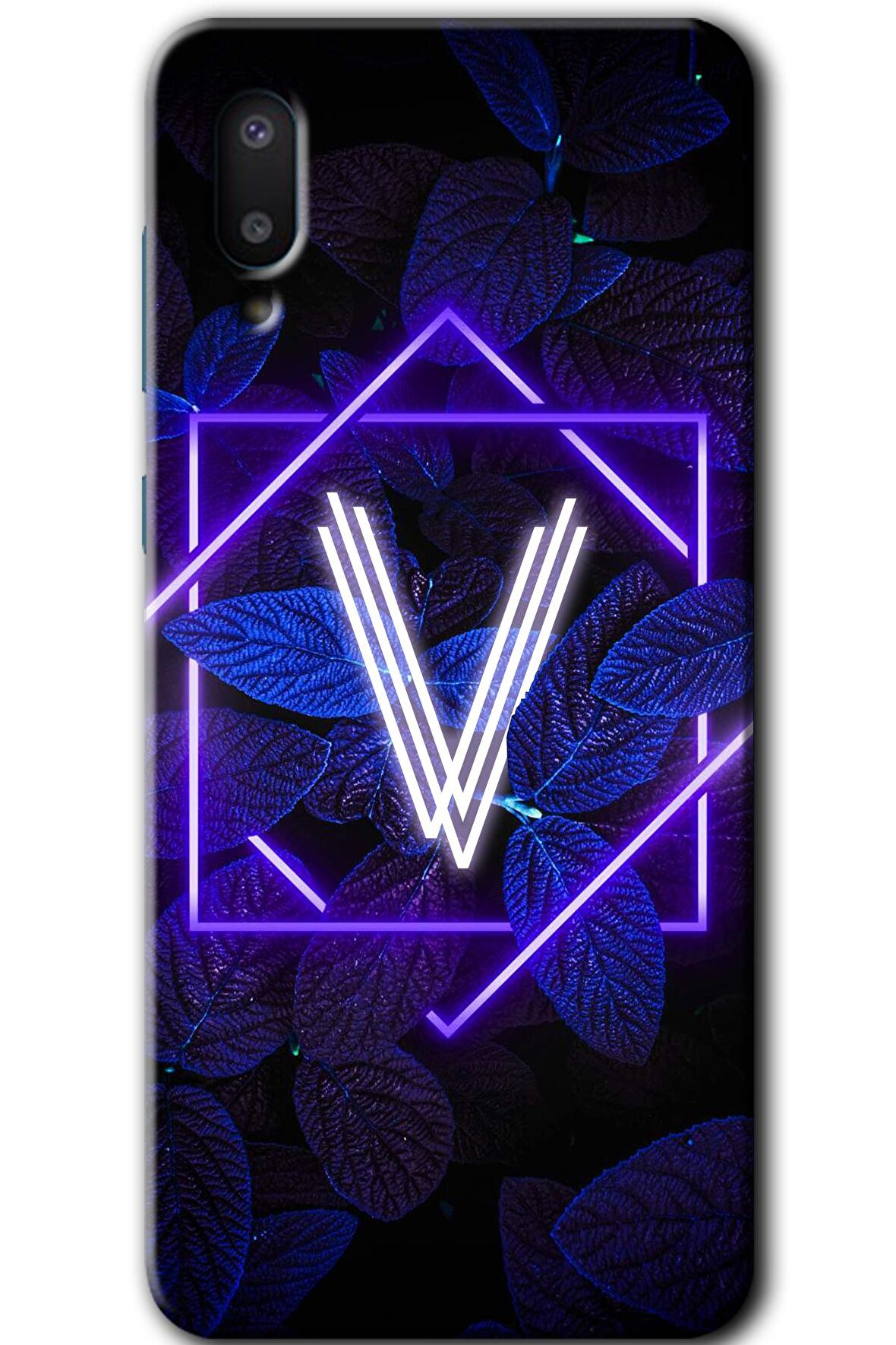 Galaxy A02 Kılıf HD Desen Baskılı Arka Kapak - Dark Neon Yaprak V Harfi 