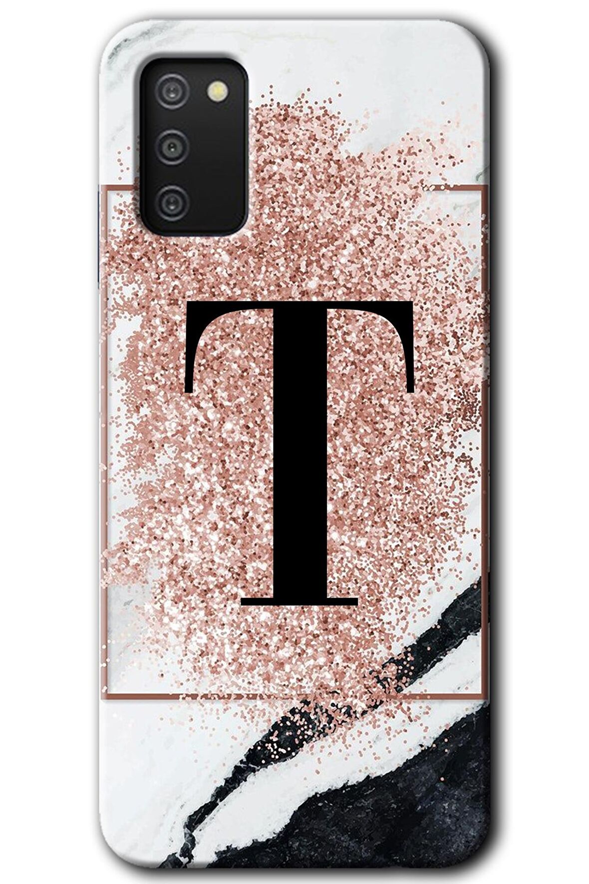 Galaxy A02s Kılıf HD Desen Baskılı Arka Kapak - Pembe Mermer Desenli T Harfi 