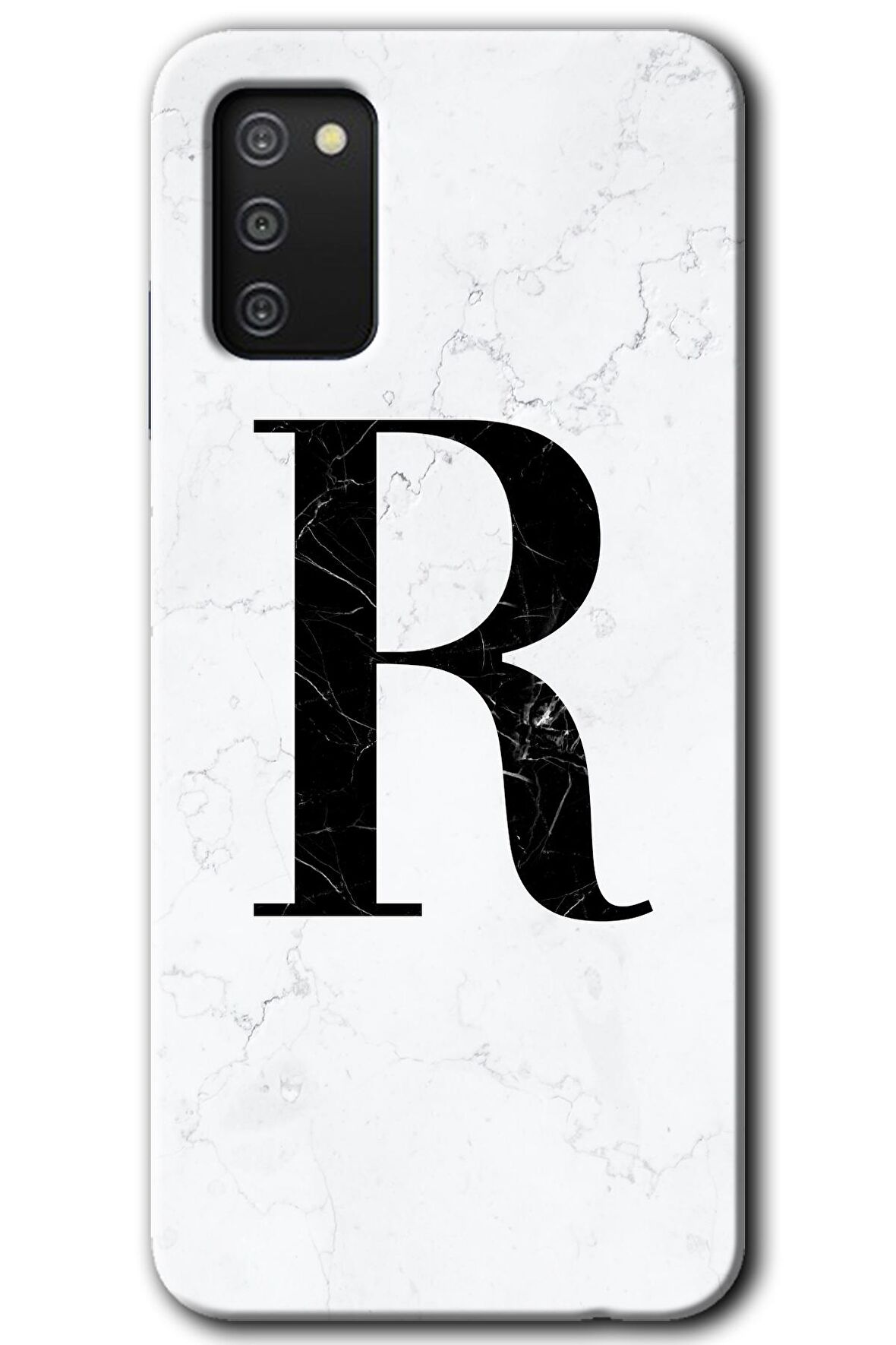 Galaxy A02s Kılıf HD Desen Baskılı Arka Kapak - Beyaz Mermer Desenli R Harfi 