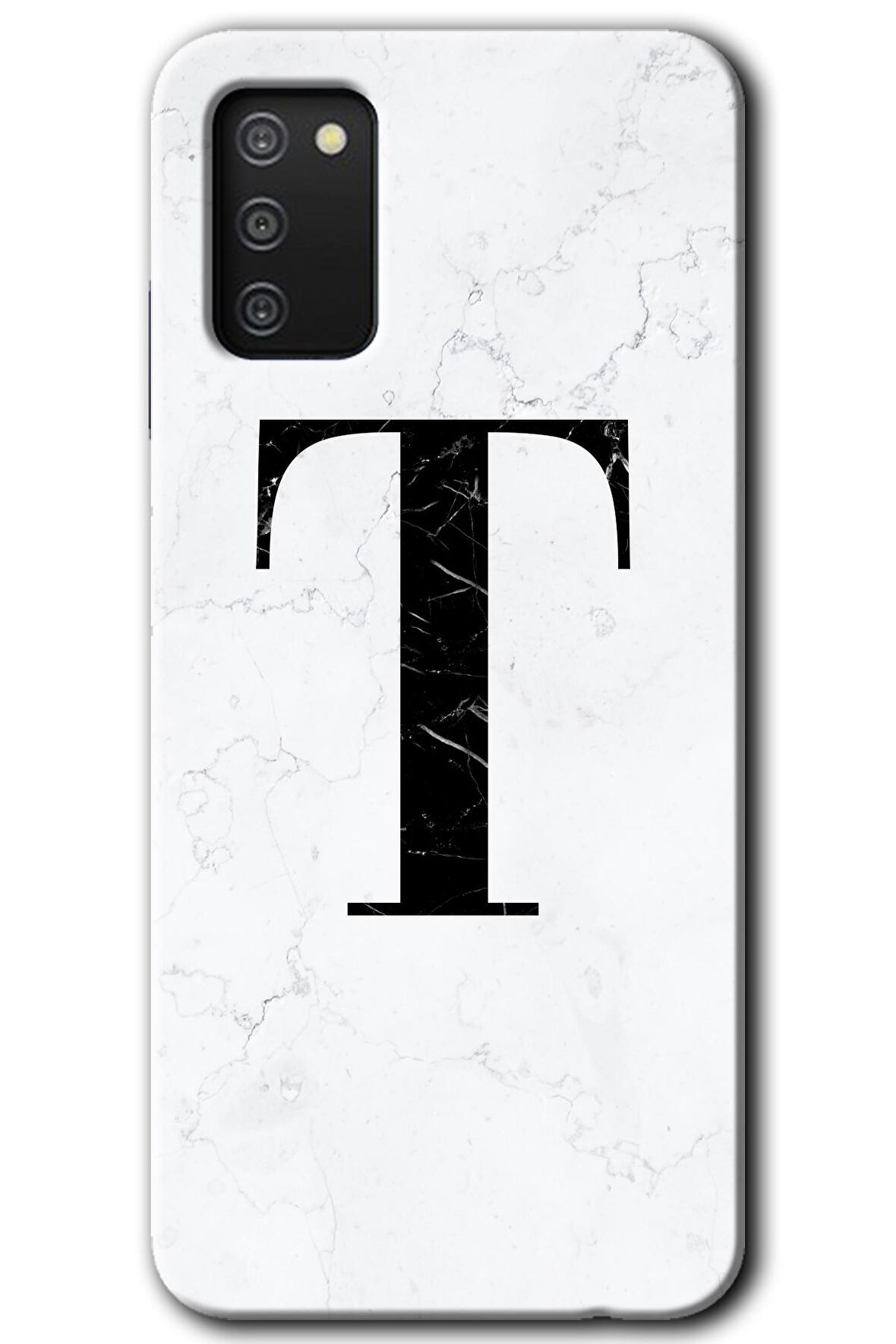 Galaxy A02s Kılıf HD Desen Baskılı Arka Kapak - Beyaz Mermer Desenli T Harfi 
