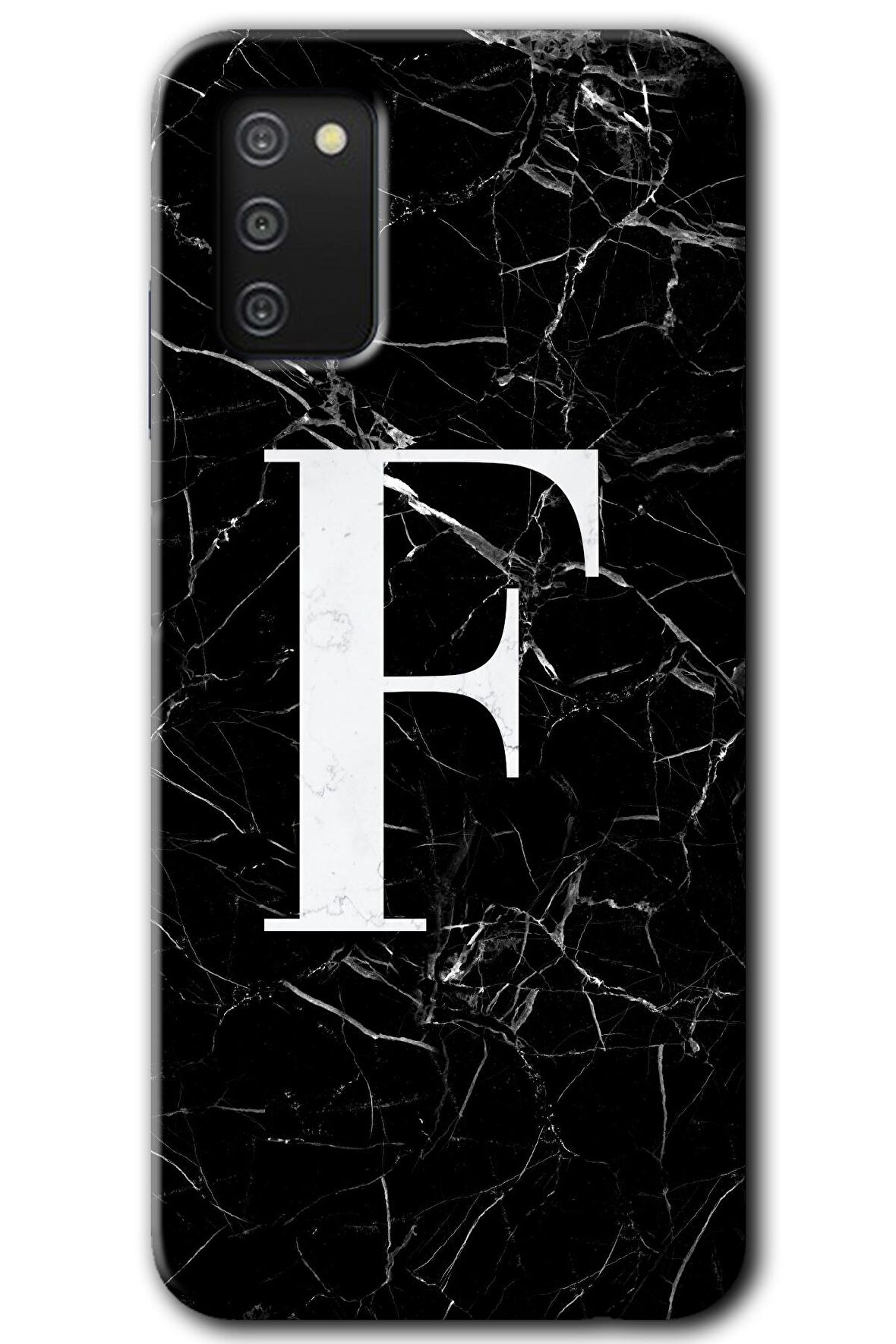 Galaxy A02s Kılıf HD Desen Baskılı Arka Kapak - Siyah Mermer Desenli F Harfi 