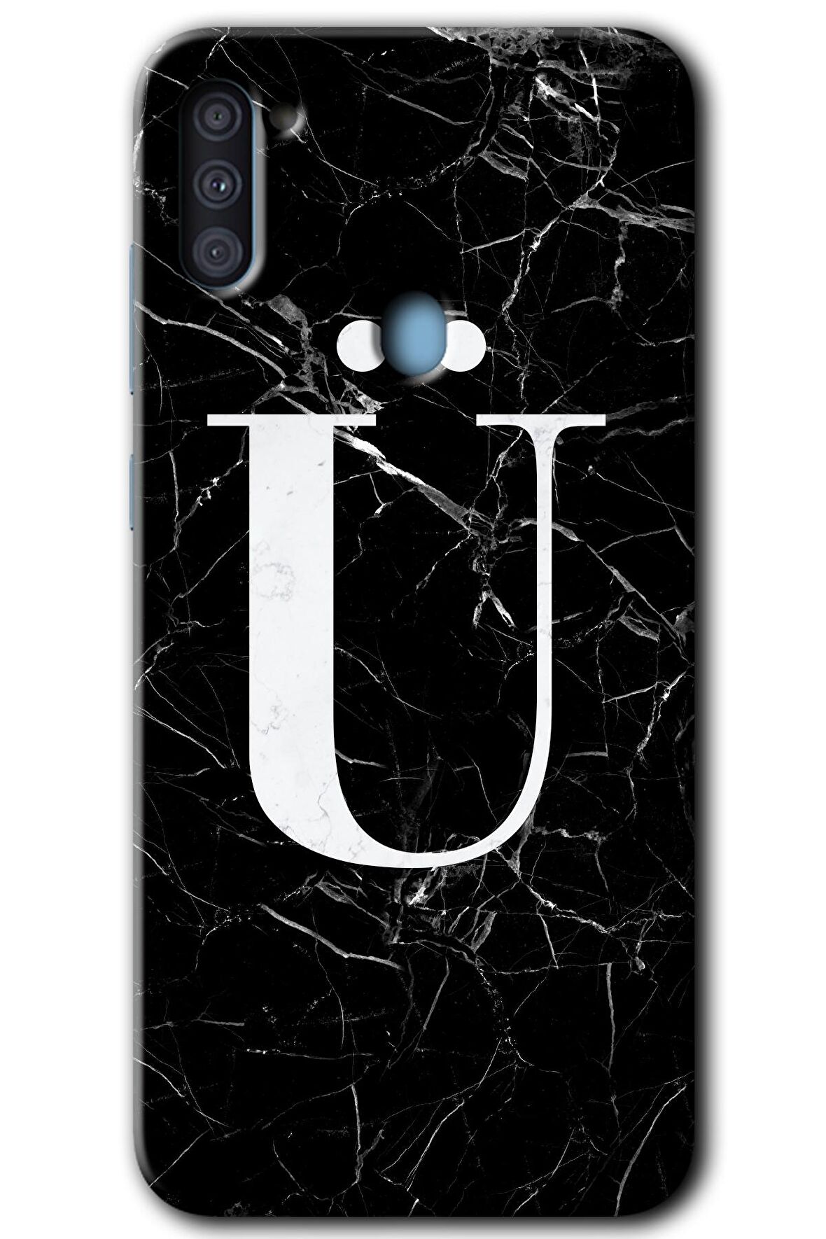 Galaxy A11 Kılıf HD Desen Baskılı Arka Kapak - Siyah Mermer Desenli Ü Harfi 