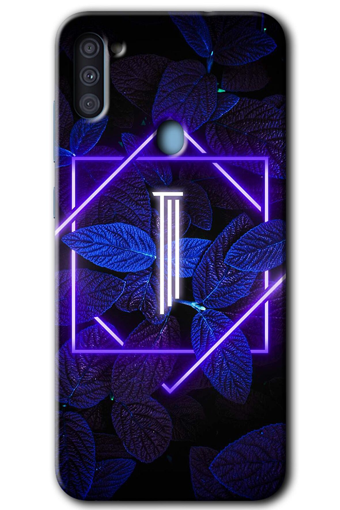 Galaxy A11 Kılıf HD Desen Baskılı Arka Kapak - Dark Neon Yaprak I Harfi 