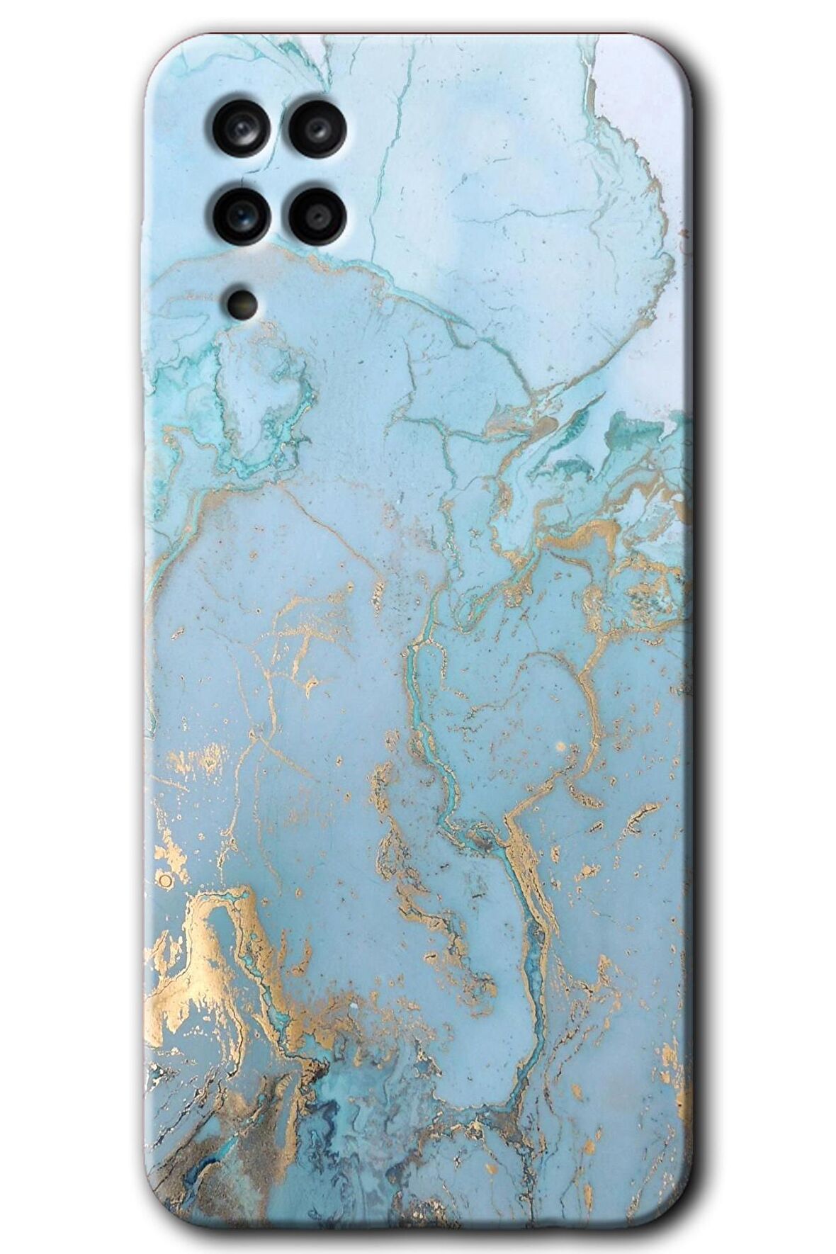 Galaxy A12 Kılıf HD Desen Baskılı Arka Kapak - Mavi Gold Mermer 