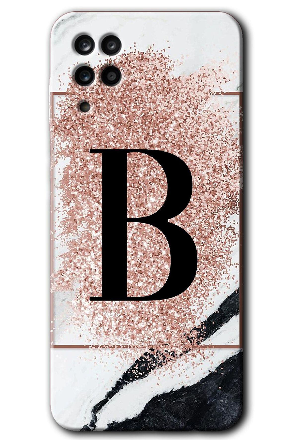 Galaxy A12 Kılıf HD Desen Baskılı Arka Kapak - Pembe Mermer Desenli B Harfi 
