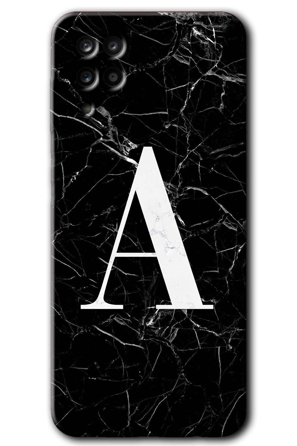 Galaxy A12 Kılıf HD Desen Baskılı Arka Kapak - Siyah Mermer Desenli A Harfi 
