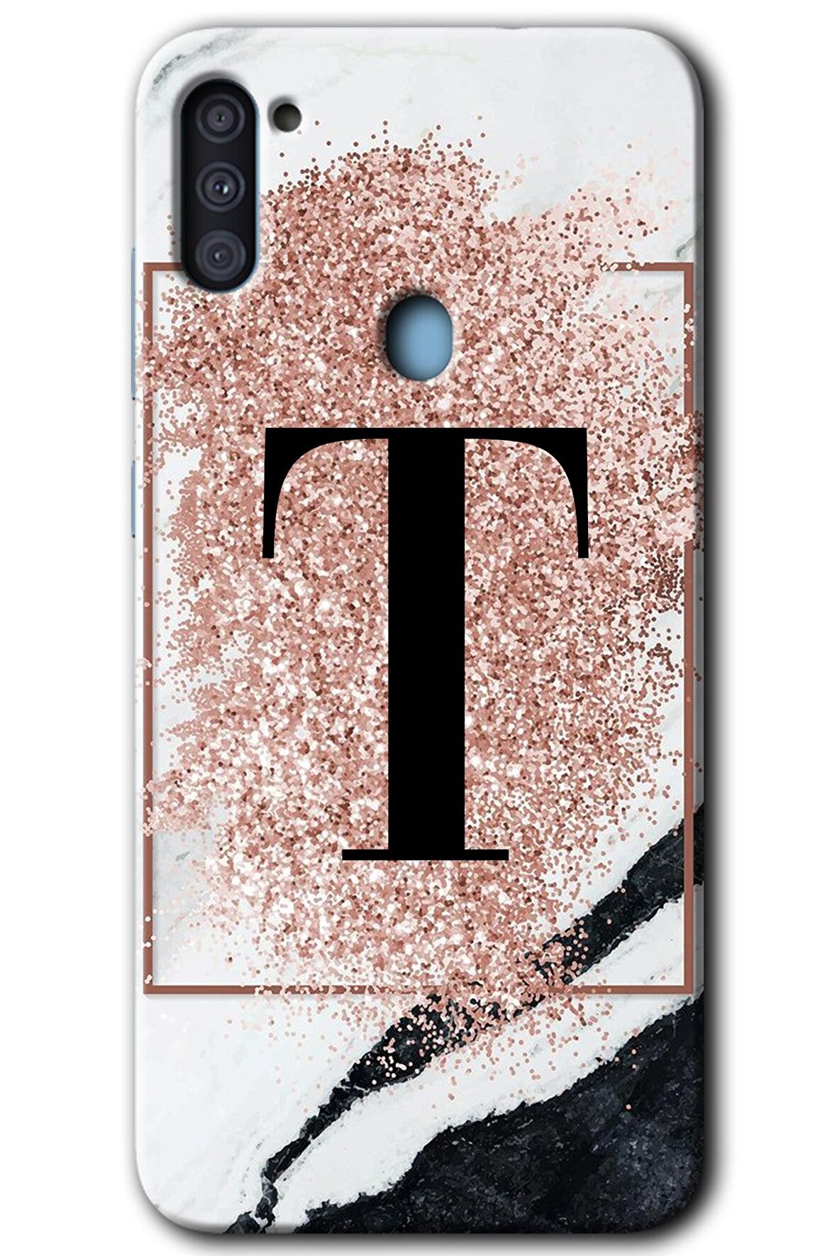 Galaxy M11 Kılıf HD Desen Baskılı Arka Kapak - Pembe Mermer Desenli T Harfi 