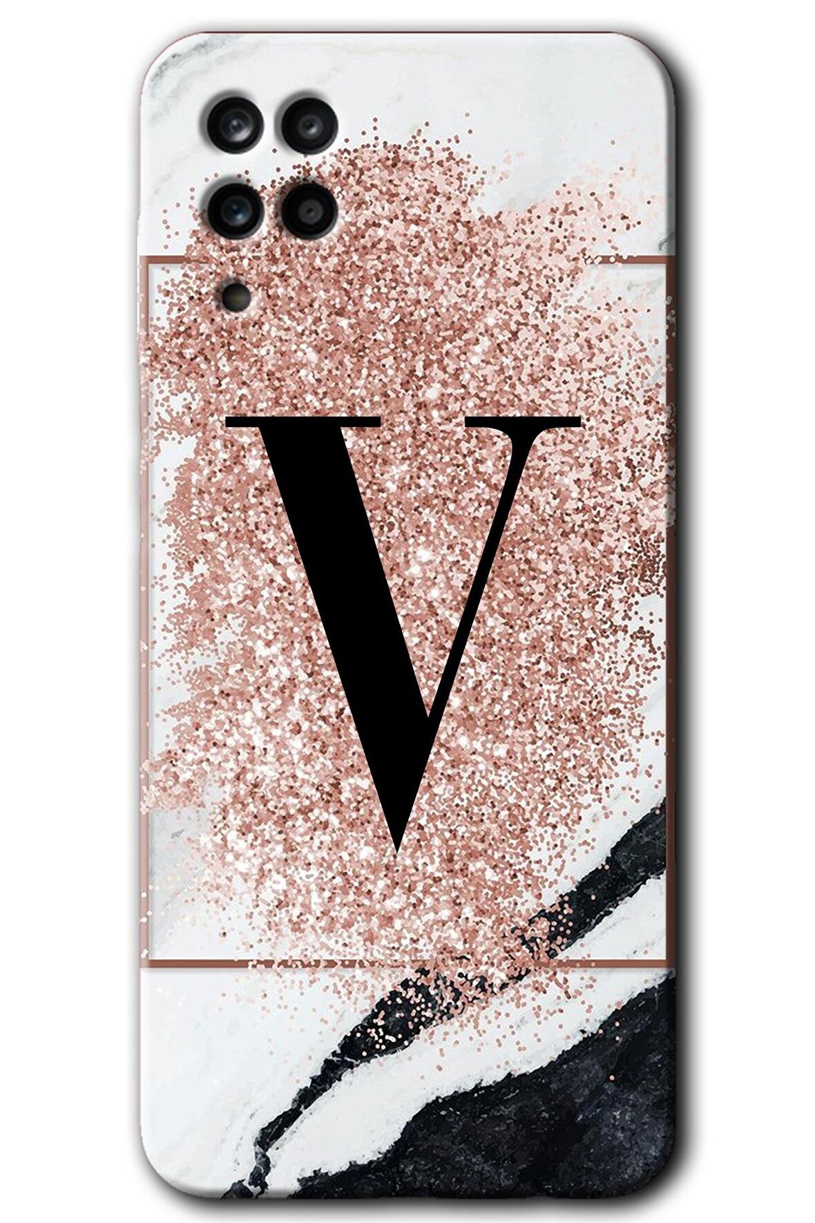 Galaxy M12 Kılıf HD Desen Baskılı Arka Kapak - Pembe Mermer Desenli V Harfi 