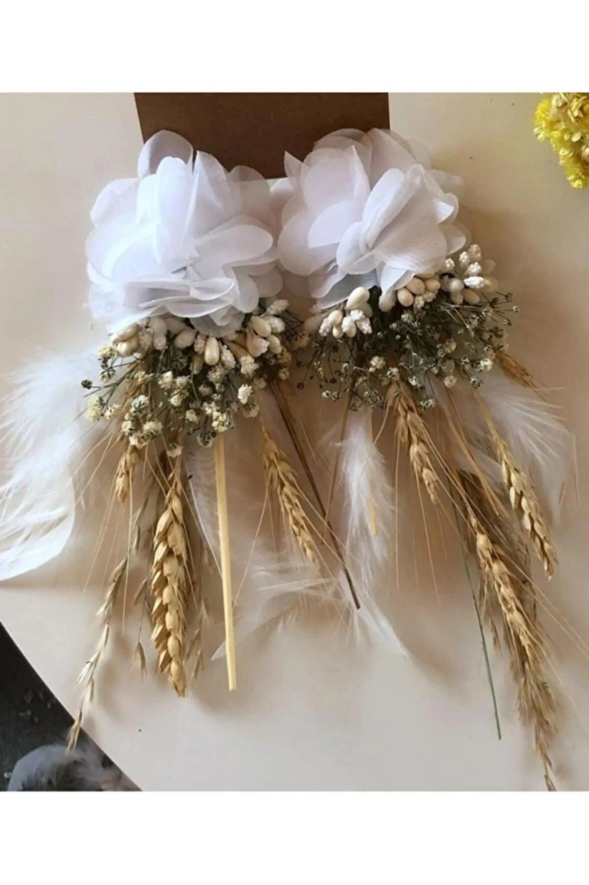 Kadın Ekru Lazer Gül Ve Kuru Çiçekli Gelin Kına Düğün Küpesi