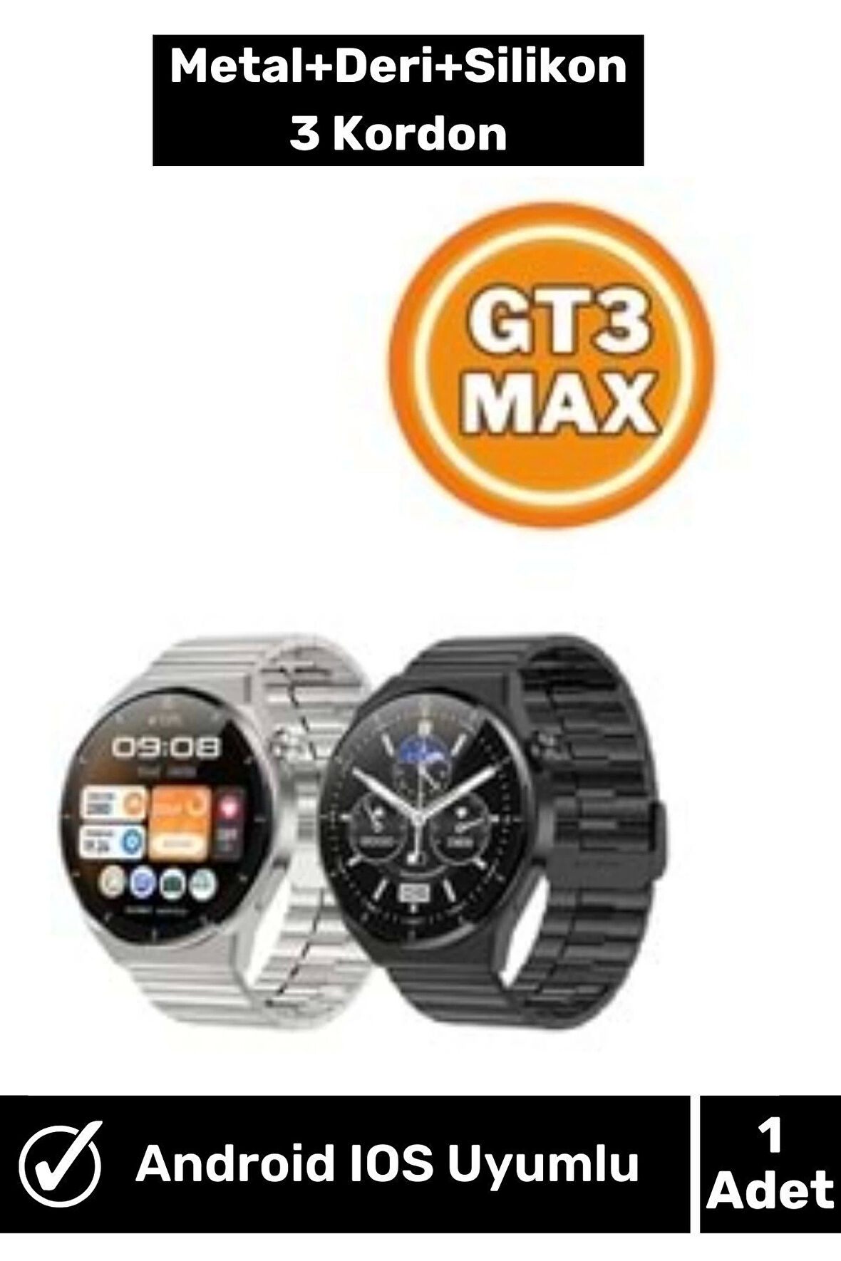 3 Kordonlu Android IOS Smart Watch Siyah Gümüş