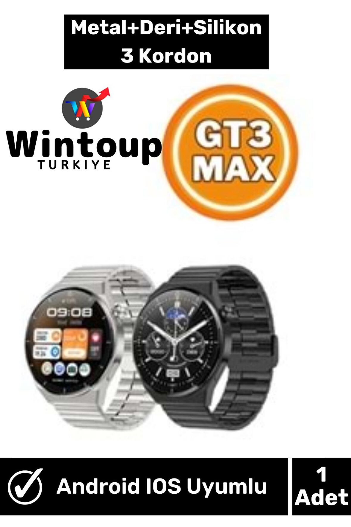 Smart Watch 3GT MAX 1.45 inç P Design Siri Nfc Siyah Akıllı Saat 3 Kordonlu