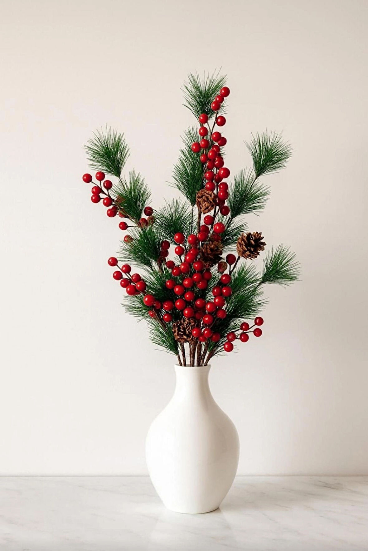 Çiçek Kokina ve Çam Dalı Uzun Dal Kozalaklı 75cm Yılbaşı Çiçeği Red Berry 3 ADET KOKİNA 