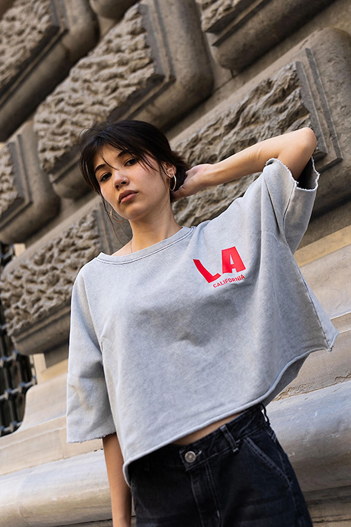 Yıkamalı Oversize La Yazılı Kadın Tişört