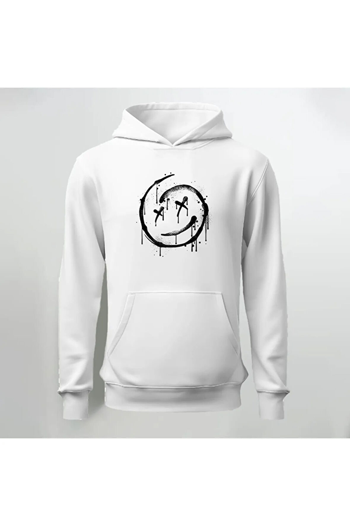Gülen Surat Baskılı Kapüşonlu Sweatshirt Hoodie Kalın Kumaş 3 İplik Şardonlu