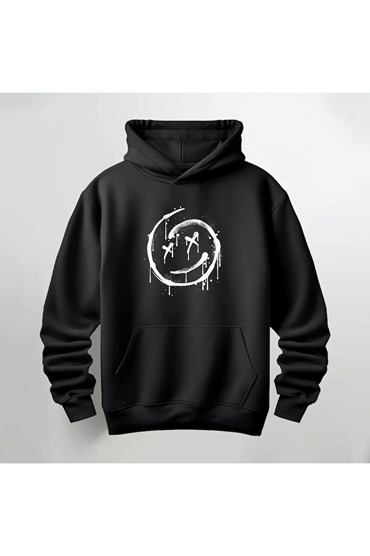 Gülen Surat Baskılı Kapüşonlu Sweatshirt Hoodie Kalın Kumaş 3 İplik Şardonlu